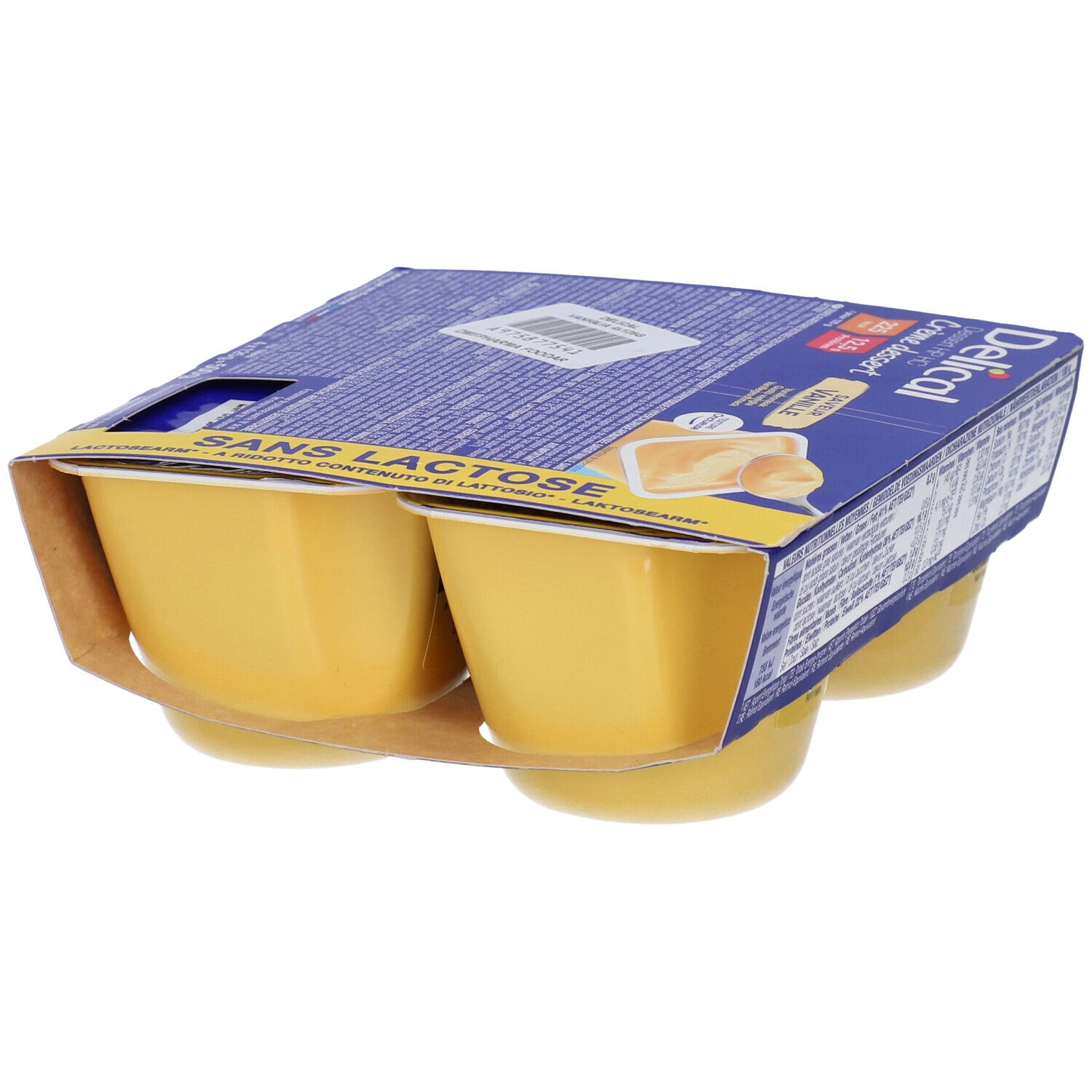 Confezione da quattro creme Delical Vaniglia, senza lattosio. Confezione blu e gialla, vista laterale.