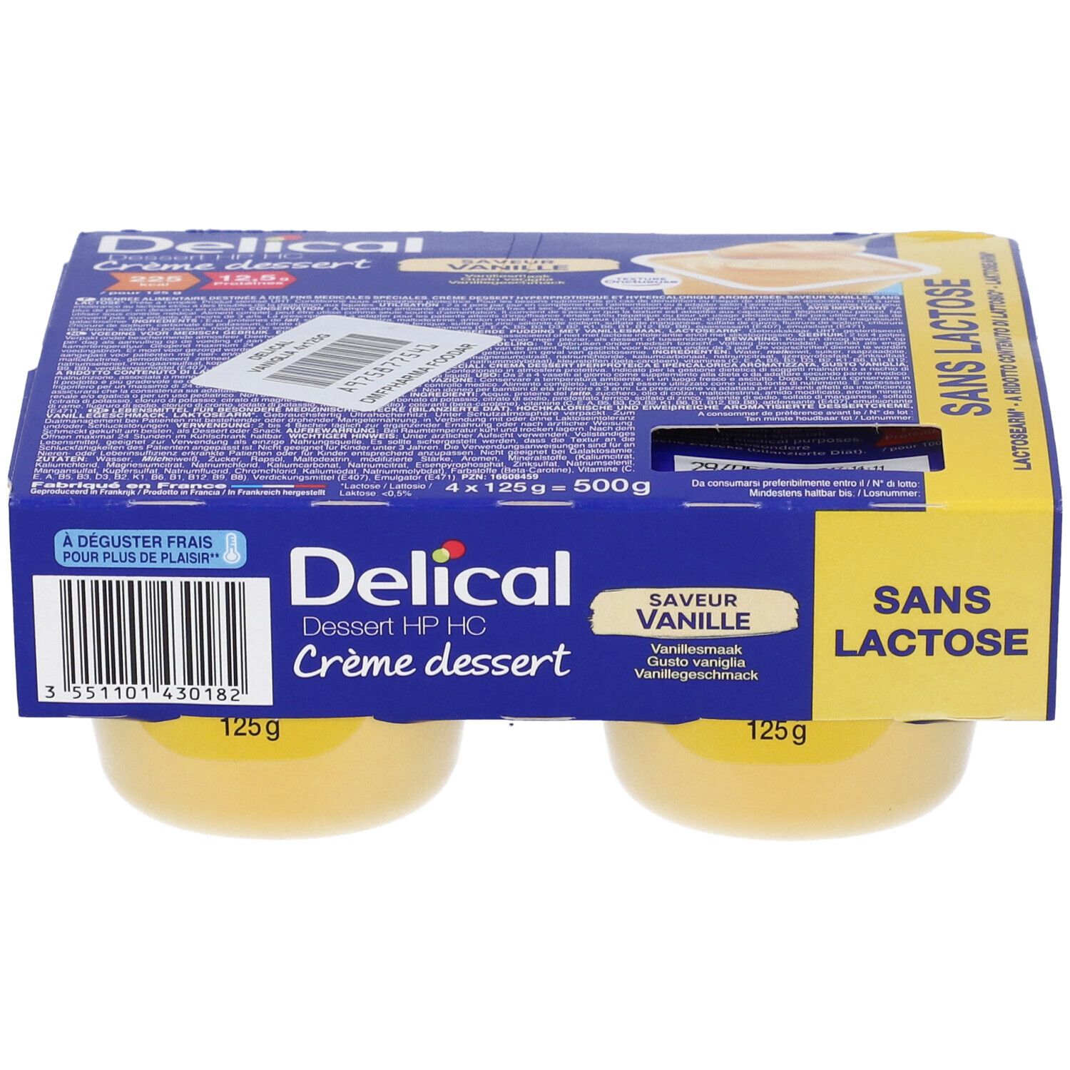 Confezione da quattro creme Delical Vaniglia, senza lattosio. Confezione blu e gialla, codice a barre.