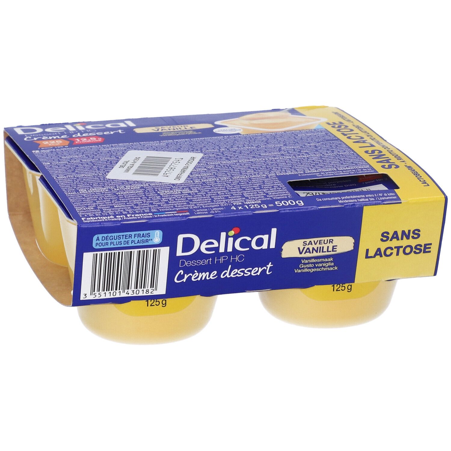 Confezione da quattro creme Delical Vaniglia, senza lattosio. Confezione blu e gialla, codice a barre.