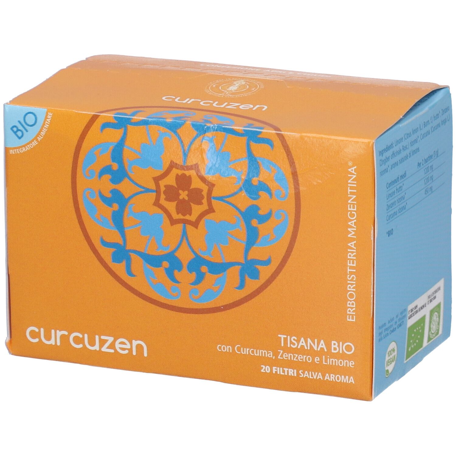 Confezione arancione di tisana Curcuzen Bio. Logo e testo sul fronte. Contiene 20 filtri.
