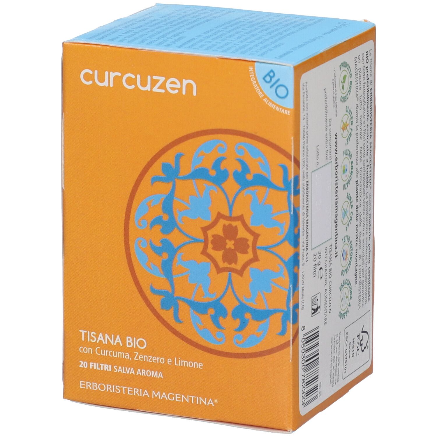 Confezione arancione di tisana Curcuzen Bio. Testo e logo sulla confezione. Contiene 20 filtri.
