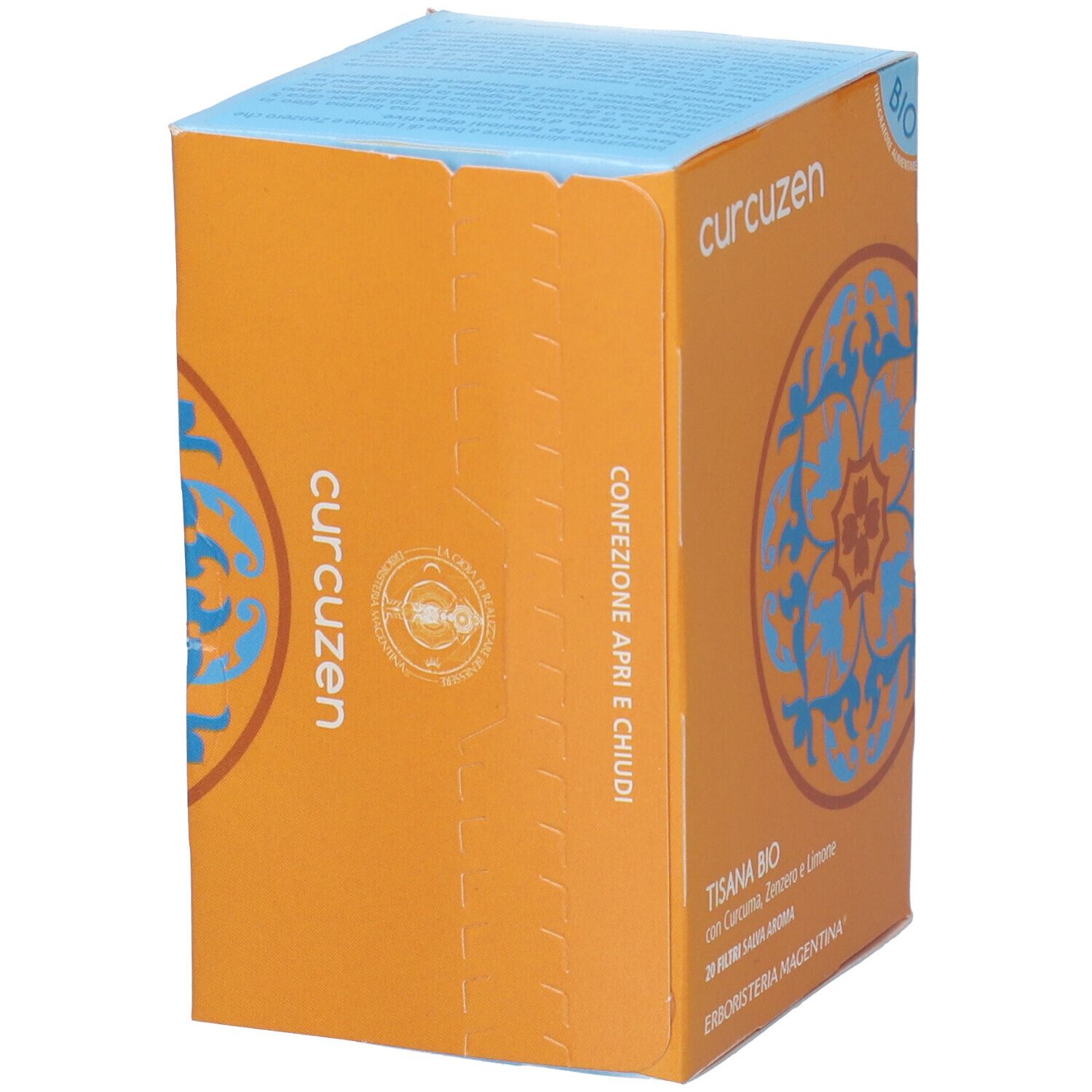 Confezione arancione di tisana Curcuzen Bio. Testo e logo sulla confezione. Contiene 20 filtri.