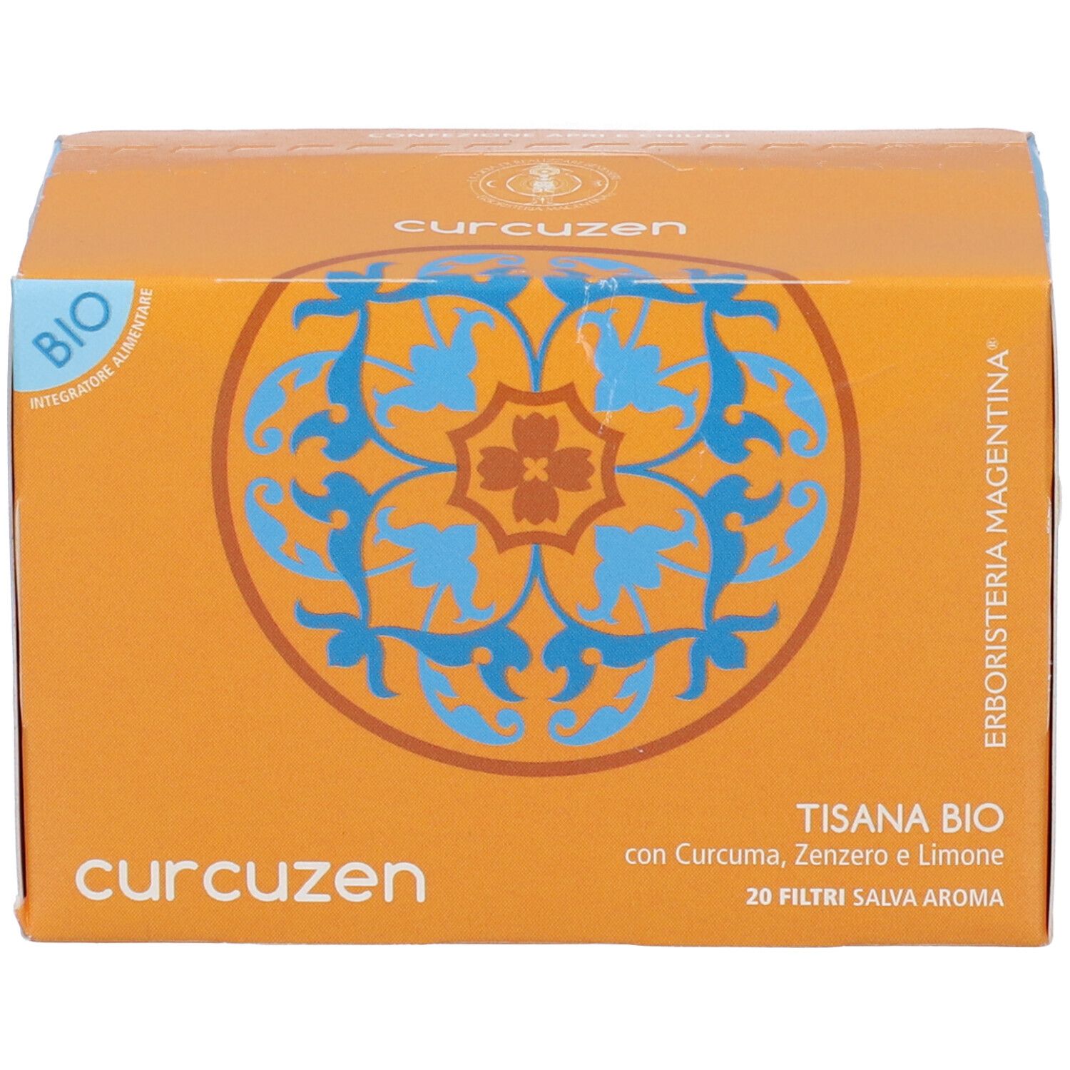 Confezione arancione di tisana Curcuzen Bio. Logo e testo sul fronte. Contiene 20 filtri.