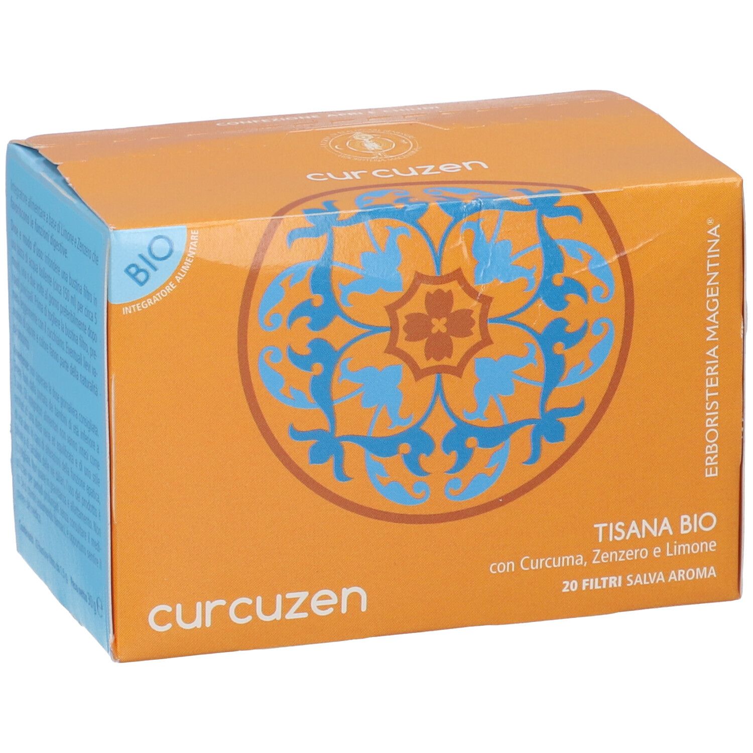 Confezione arancione di tisana Curcuzen Bio. Logo e testo sul fronte. Contiene 20 filtri.