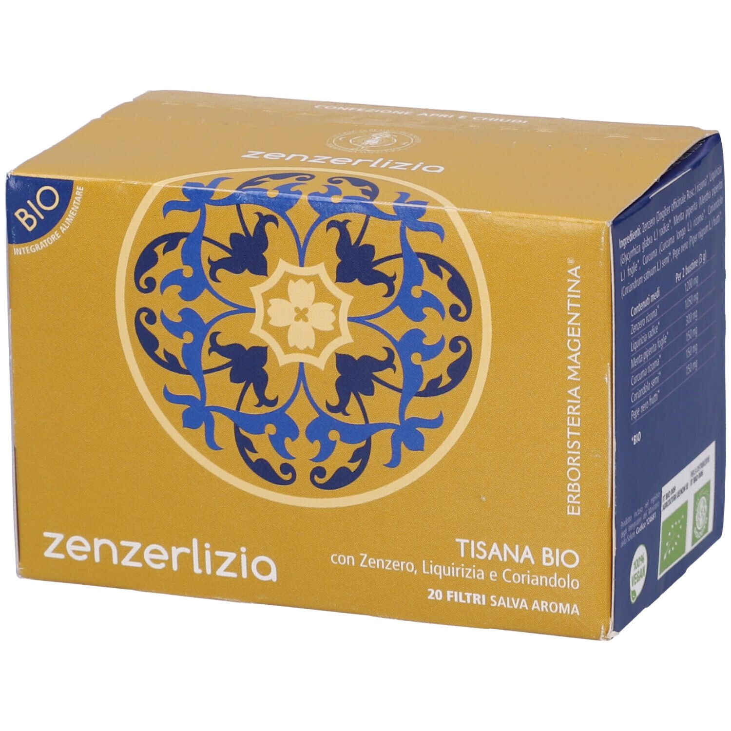 Scatola gialla con motivo blu e scritta zenzelizia. Testo: Tisana Bio, 20 Filtri. Certificazione Bio.