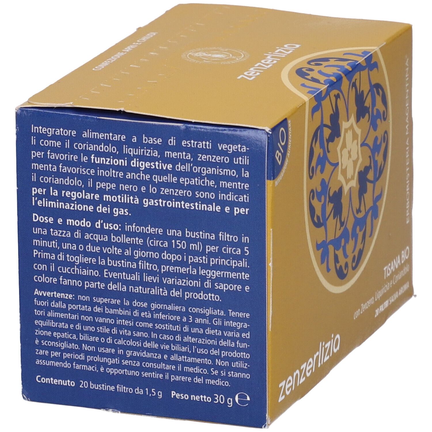 Retro della scatola con testo. Contiene informazioni sugli ingredienti e l'uso.