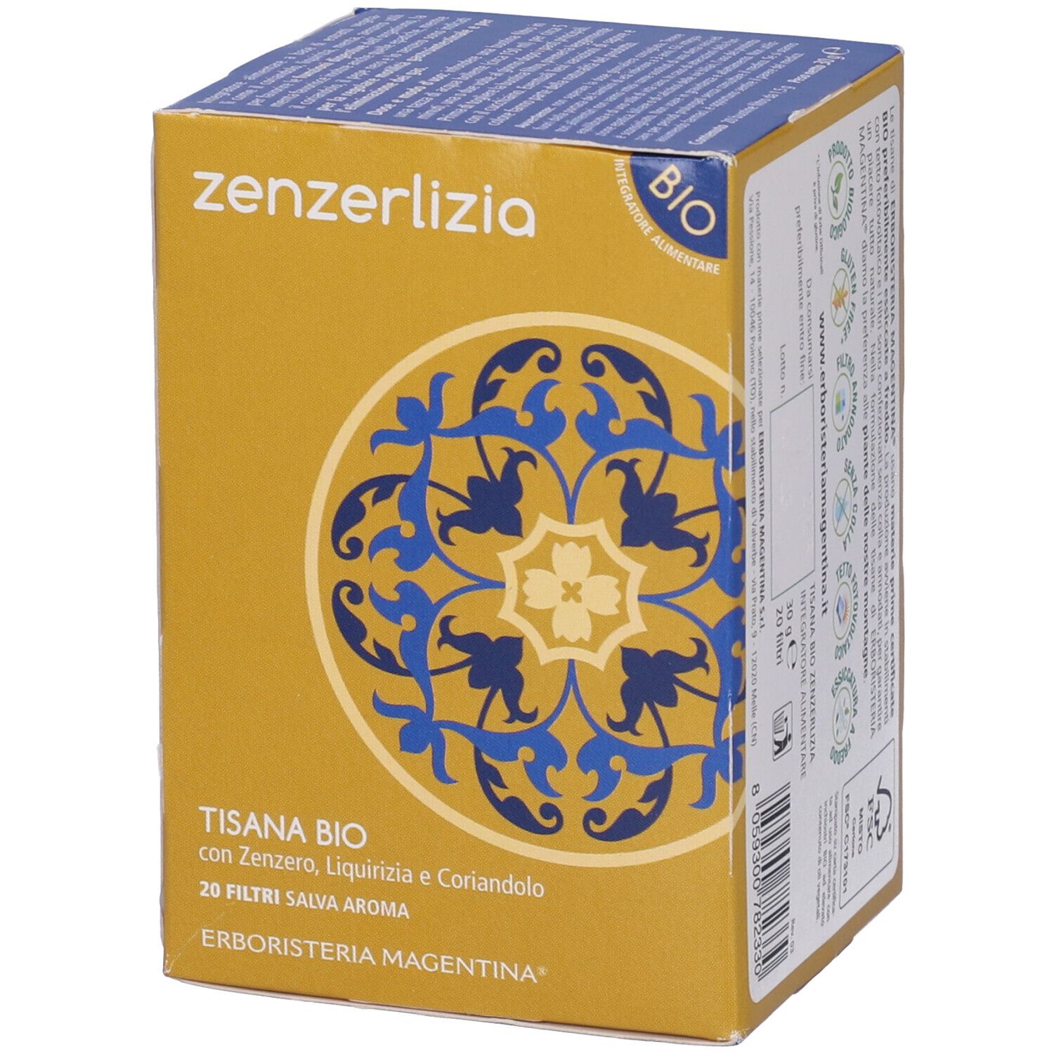 Scatola gialla con motivo blu e scritta zenzelizia. Testo: Tisana Bio, 20 Filtri. Certificazione Bio.