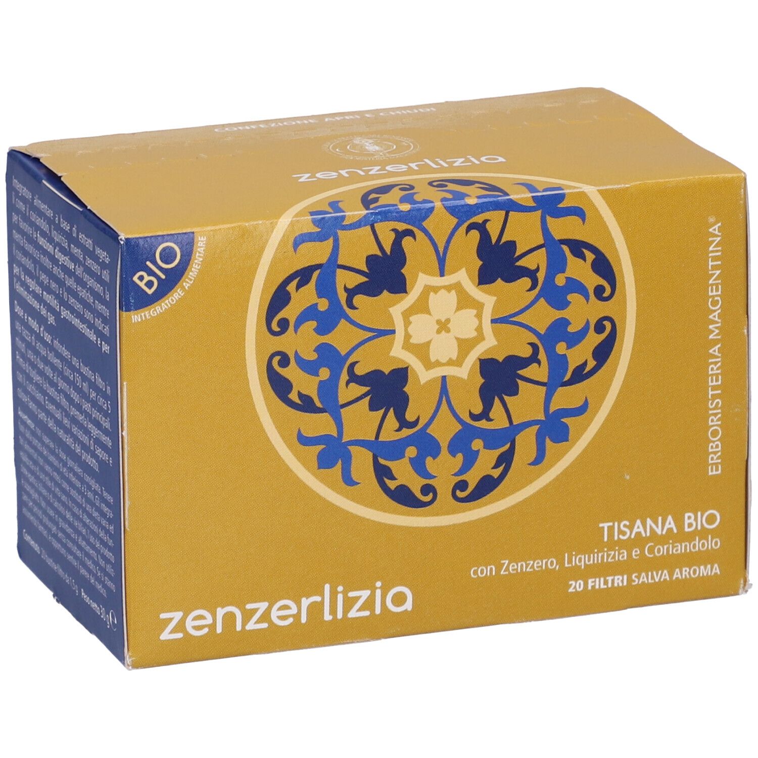Scatola gialla con testo e motivo blu. Scritta: zenzelizia, Tisana Bio, 20 Filtri. Certificazione Bio.