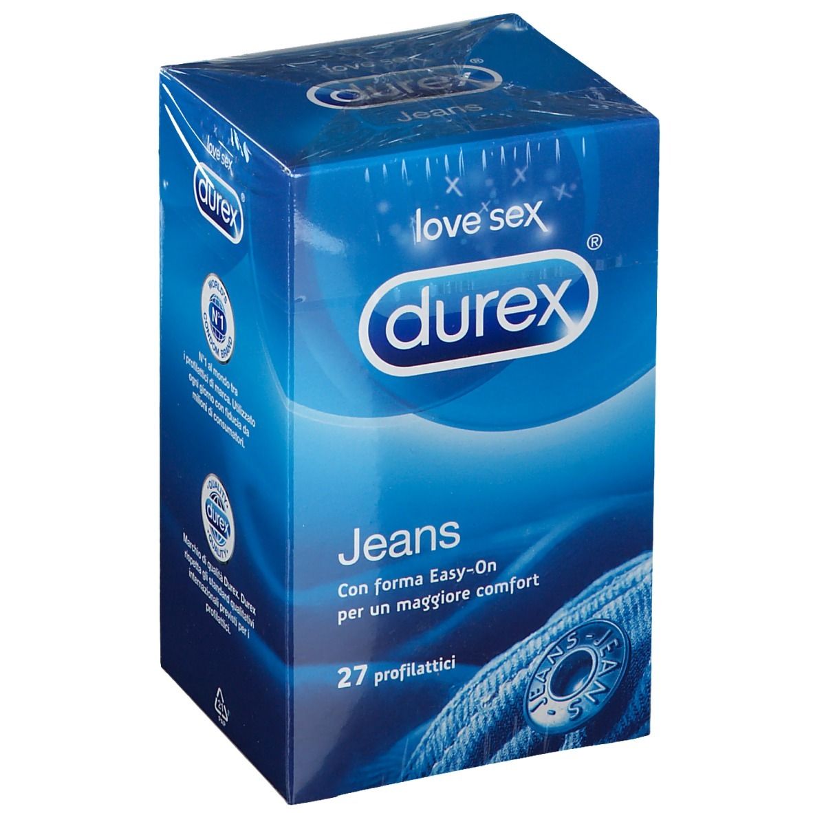 Scatola Durex Jeans, blu, sigillata. Contiene 27 profilattici. Marchio e nome del prodotto visibili.