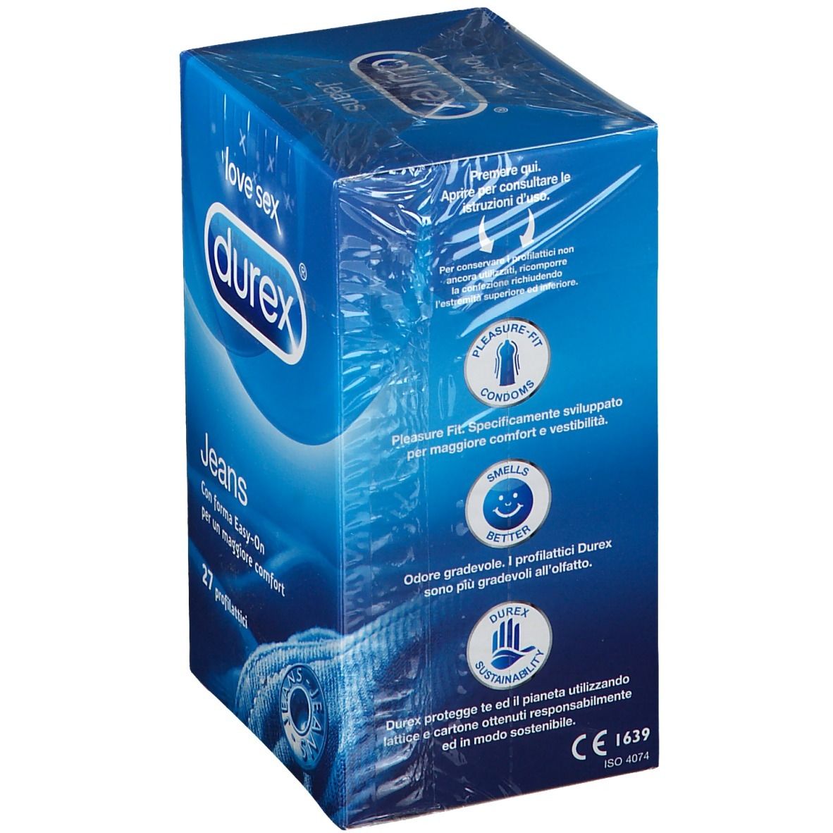 Scatola Durex Jeans, blu, sigillata. 27 profilattici. Informazioni sul retro. Marchio e nome visibili.