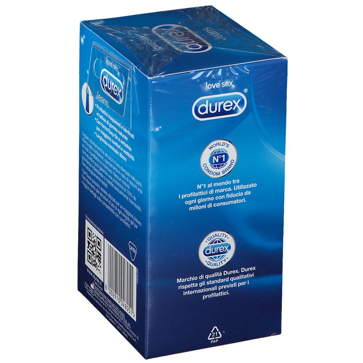 Scatola Durex Jeans, blu, sigillata. Informazioni sul retro. Marchio e nome visibili.