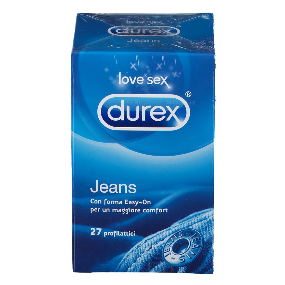 Scatola Durex Jeans, blu, sigillata. 27 profilattici. Marchio e nome del prodotto visibili.