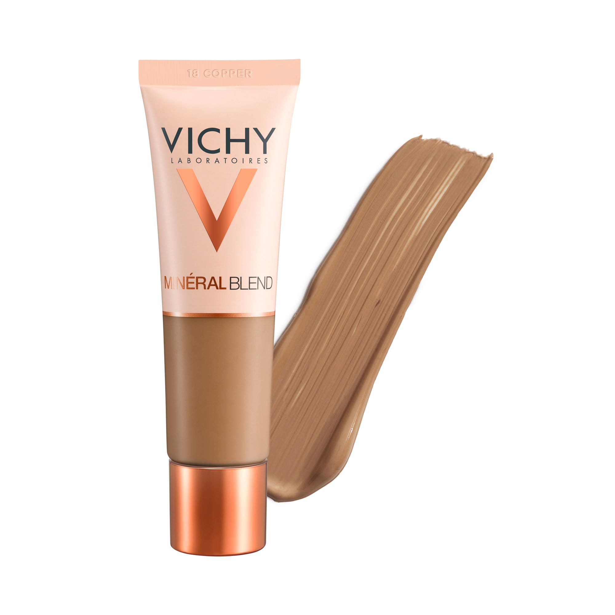 Tubo beige, sezione centrale marrone, base ramata. Accanto, una macchia di colore. Scritta: VICHY, Mineralblend. Tonalità: 18 Kupfer.