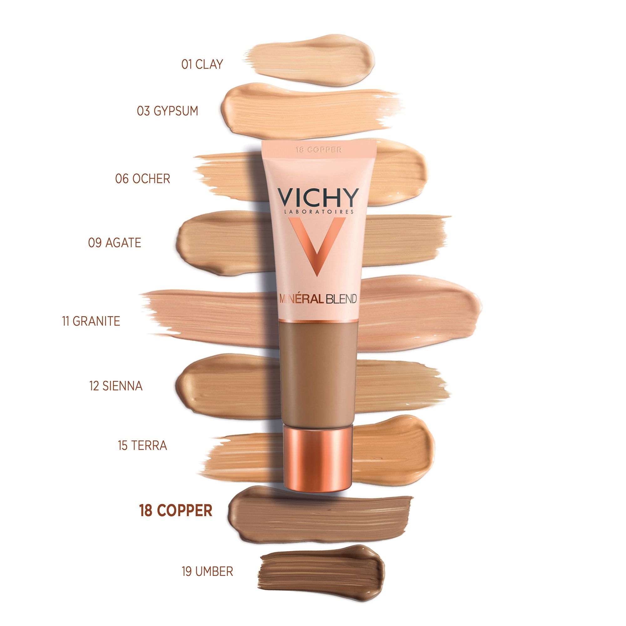 Tubo con tonalità. Scritta: VICHY, Mineralblend. Tonalità: 01 Clay, 03 Gypsum, 06 Ocher, 09 Agate, 11 Granite, 12 Sienna, 15 Terra, 18 Kupfer, 19 Umber.