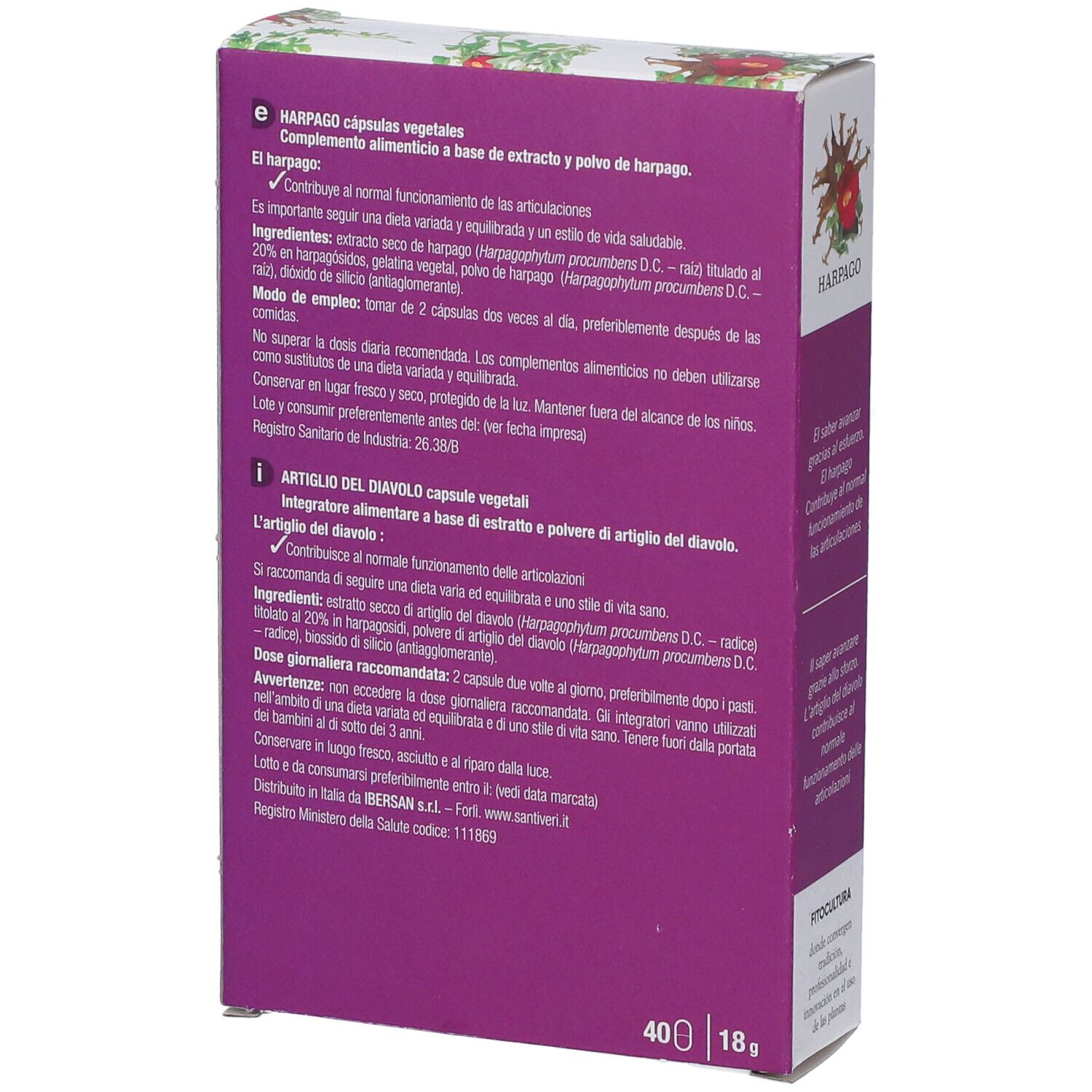 Retro della confezione di capsule HARPAGO Artiglio del Diavolo. Testo in spagnolo e italiano. Contiene 40 capsule.