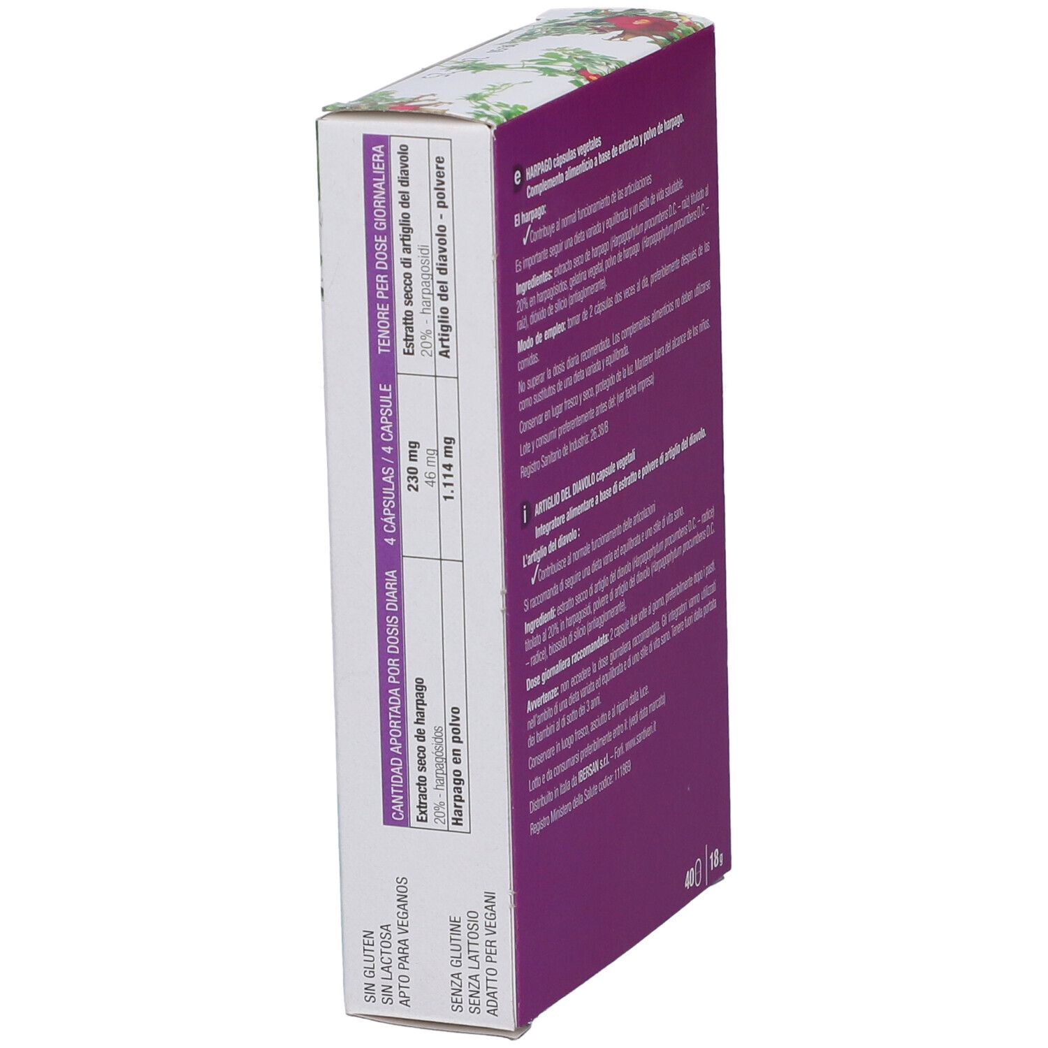 Lato della confezione di capsule HARPAGO Artiglio del Diavolo. Informazioni nutrizionali. 'Sin gluten'. 'Apto para veganos'.