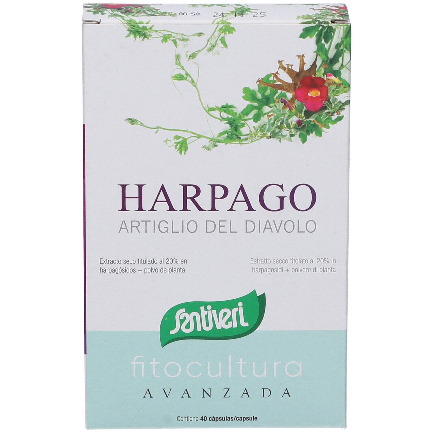 Scatola HARPAGO Artiglio del Diavolo, marchio Santiveri. Scritta 'fitocultura avanzada'. Contiene 40 capsule.