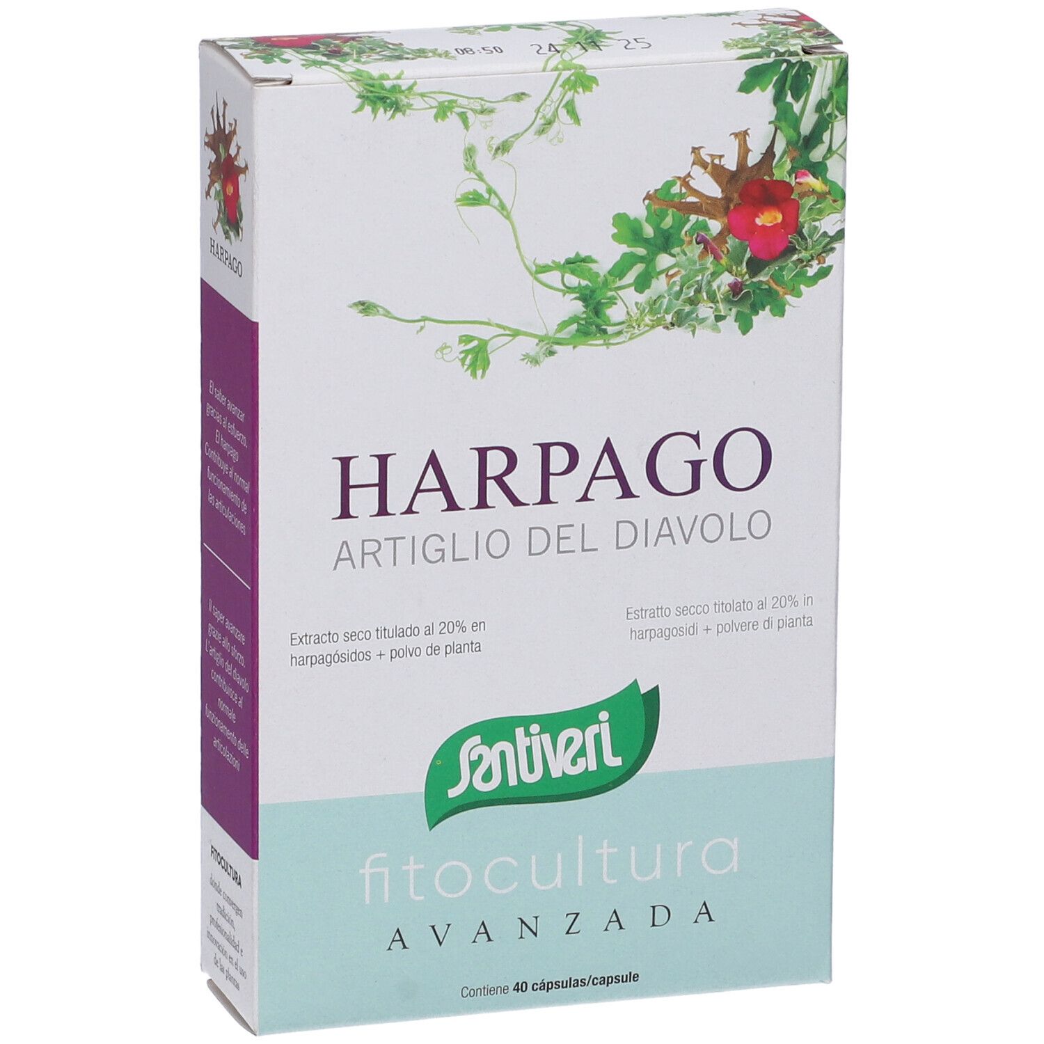 Scatola HARPAGO Artiglio del Diavolo, marchio Santiveri. Scritta 'fitocultura avanzada'. Contiene 40 capsule.