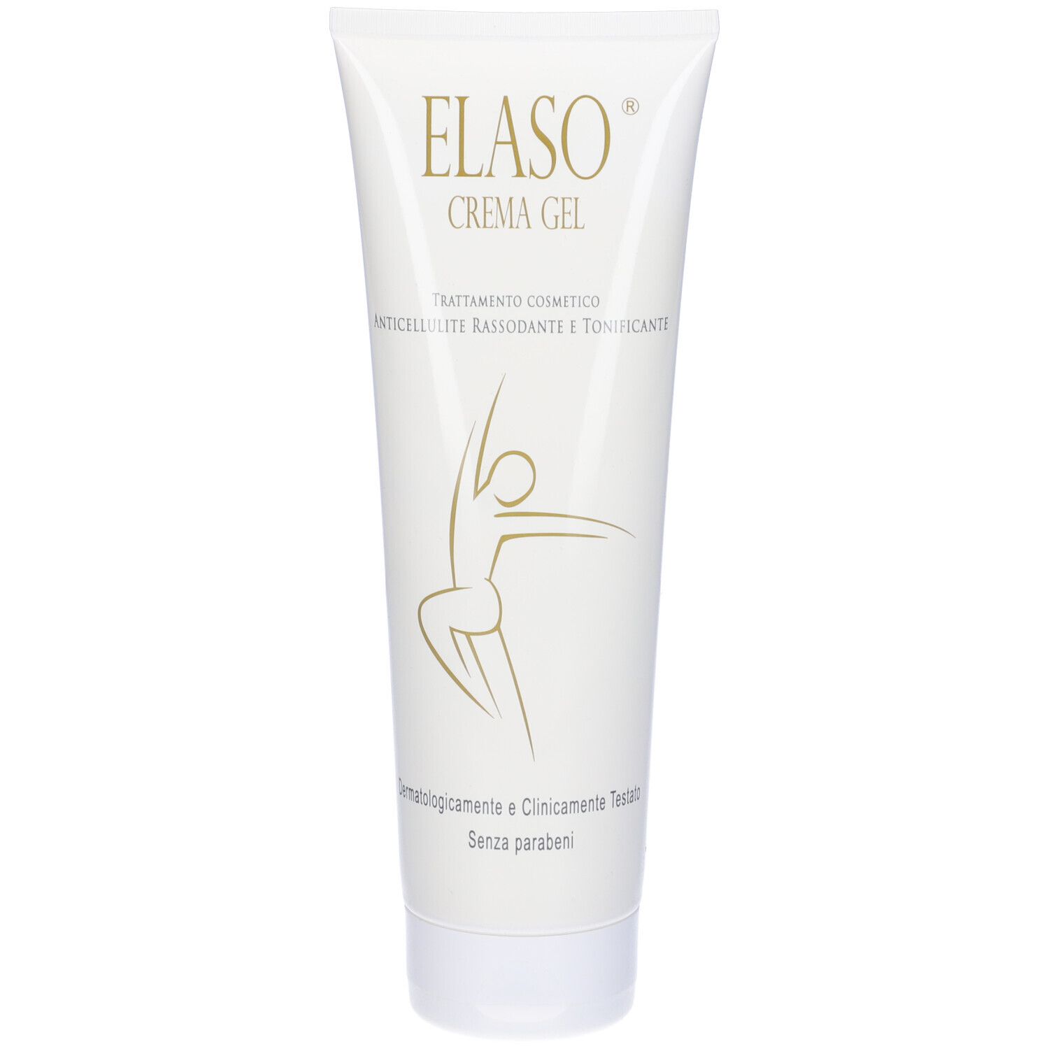 Tubo bianco con scritta Elaso Crema Gel. Figura dorata. Dermatologicamente e clinicamente testato. Senza parabeni.