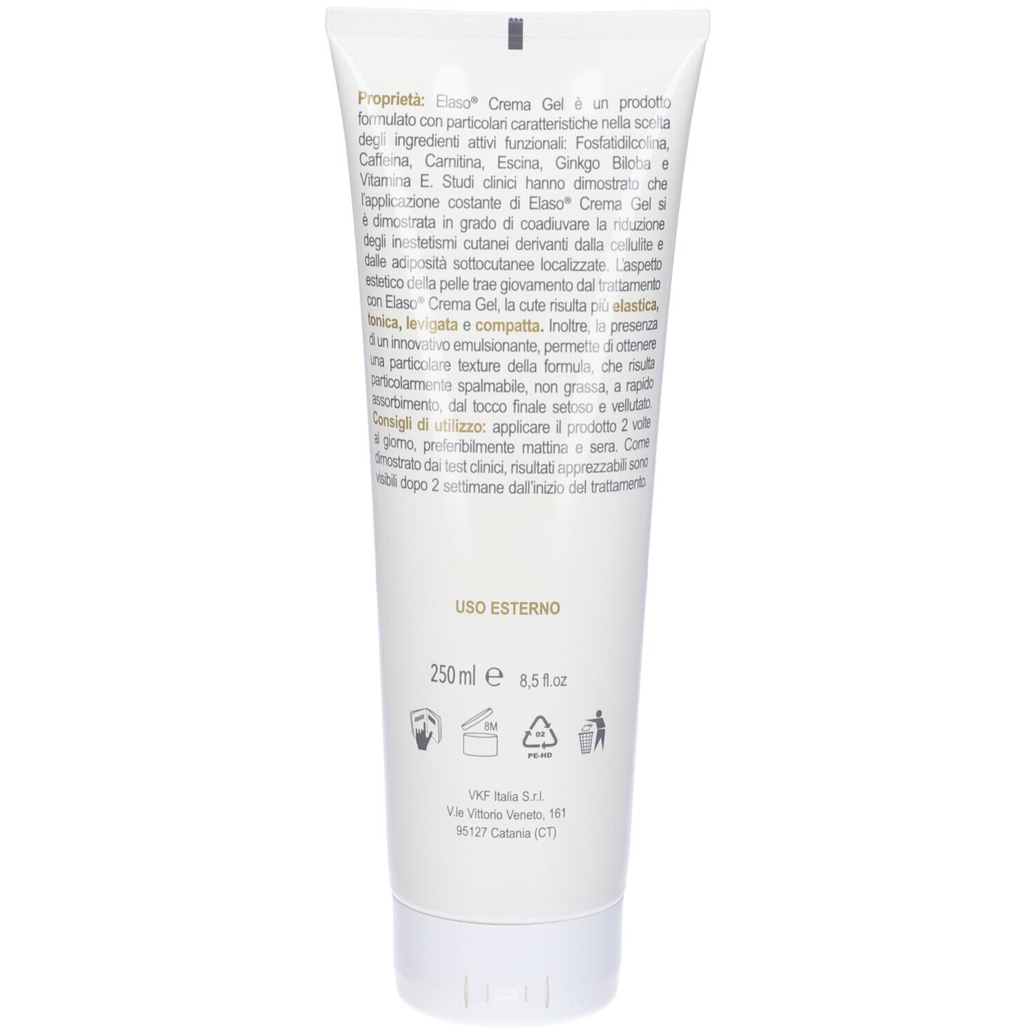 Retro del tubo. Scritta: 250 ml, ingredienti, istruzioni per l'uso. Dermatologicamente testato. Senza parabeni.