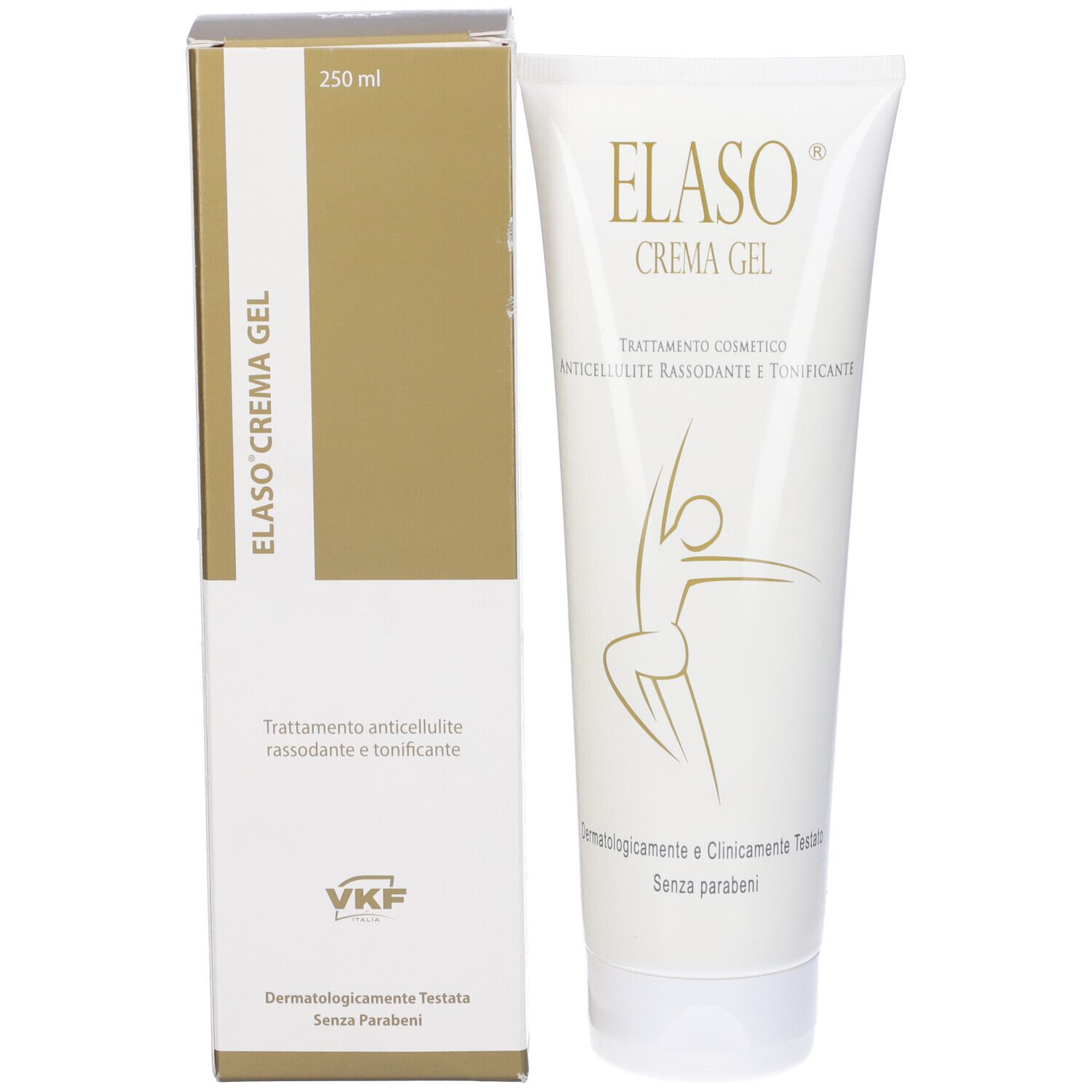 Tubo e scatola di crema gel. Scritta: Elaso Crema Gel. Figura. Dermatologicamente e clinicamente testato. Senza parabeni.