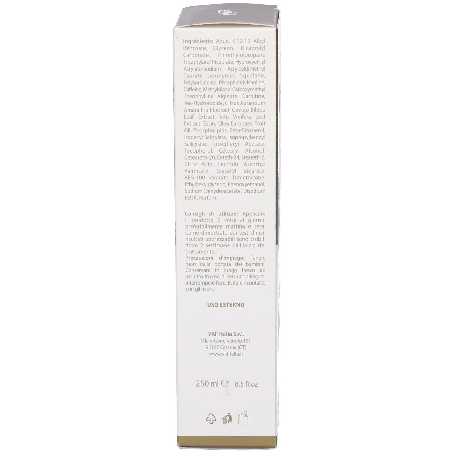 Retro della scatola. Scritta: 250 ml, ingredienti, istruzioni per l'uso. Dermatologicamente testato. Senza parabeni.