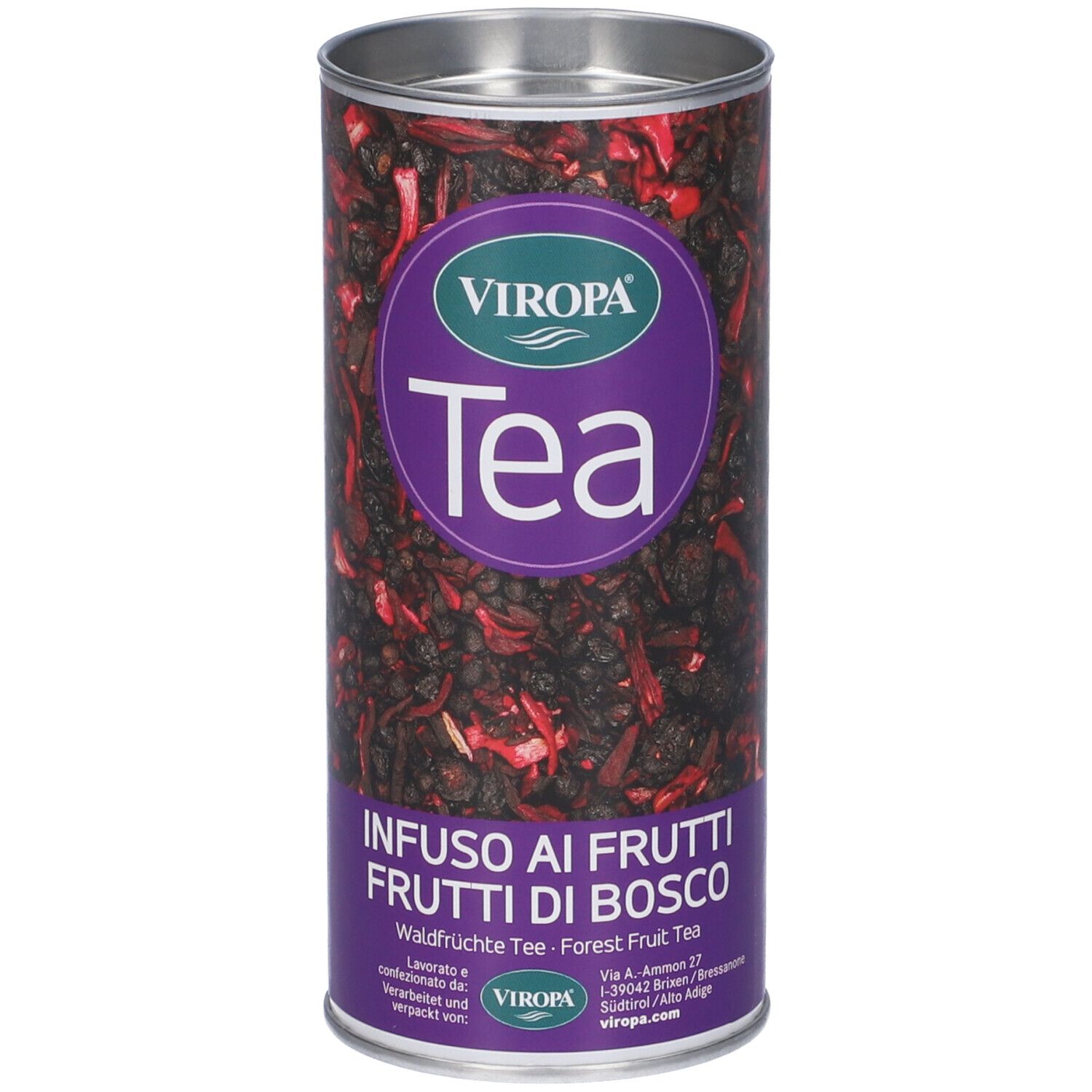 Latta cilindrica Viropa Tea. Scritta: Infuso ai Frutti di Bosco. Contenuto: frutta secca. Colori viola e argento.