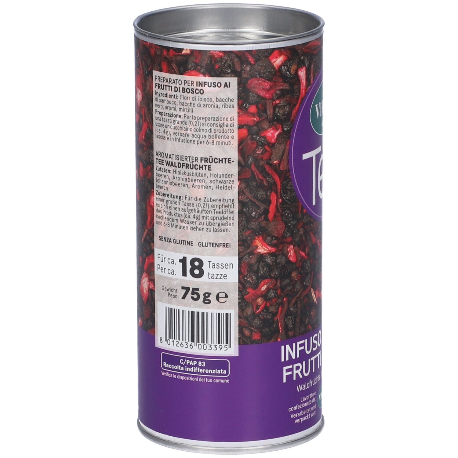 Latta cilindrica Viropa Tea. Scritta: Infuso ai Frutti di Bosco. Contenuto: frutta secca. Colori viola e argento.