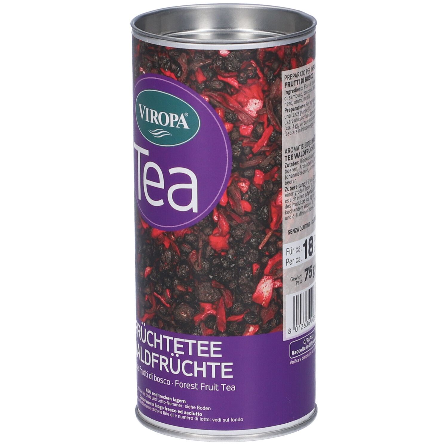 Latta cilindrica Viropa Tea. Scritta: Infuso ai Frutti di Bosco. Contenuto: frutta secca. Colori viola e argento.