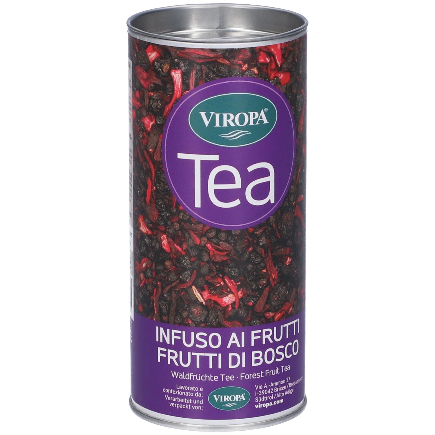 Latta cilindrica Viropa Tea. Scritta: Infuso ai Frutti di Bosco. Contenuto: frutta secca. Colori viola e argento.