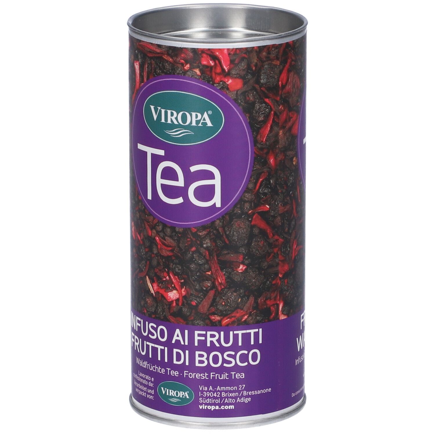 Latta cilindrica Viropa Tea. Scritta: Infuso ai Frutti di Bosco. Contenuto: frutta secca. Colori viola e argento.