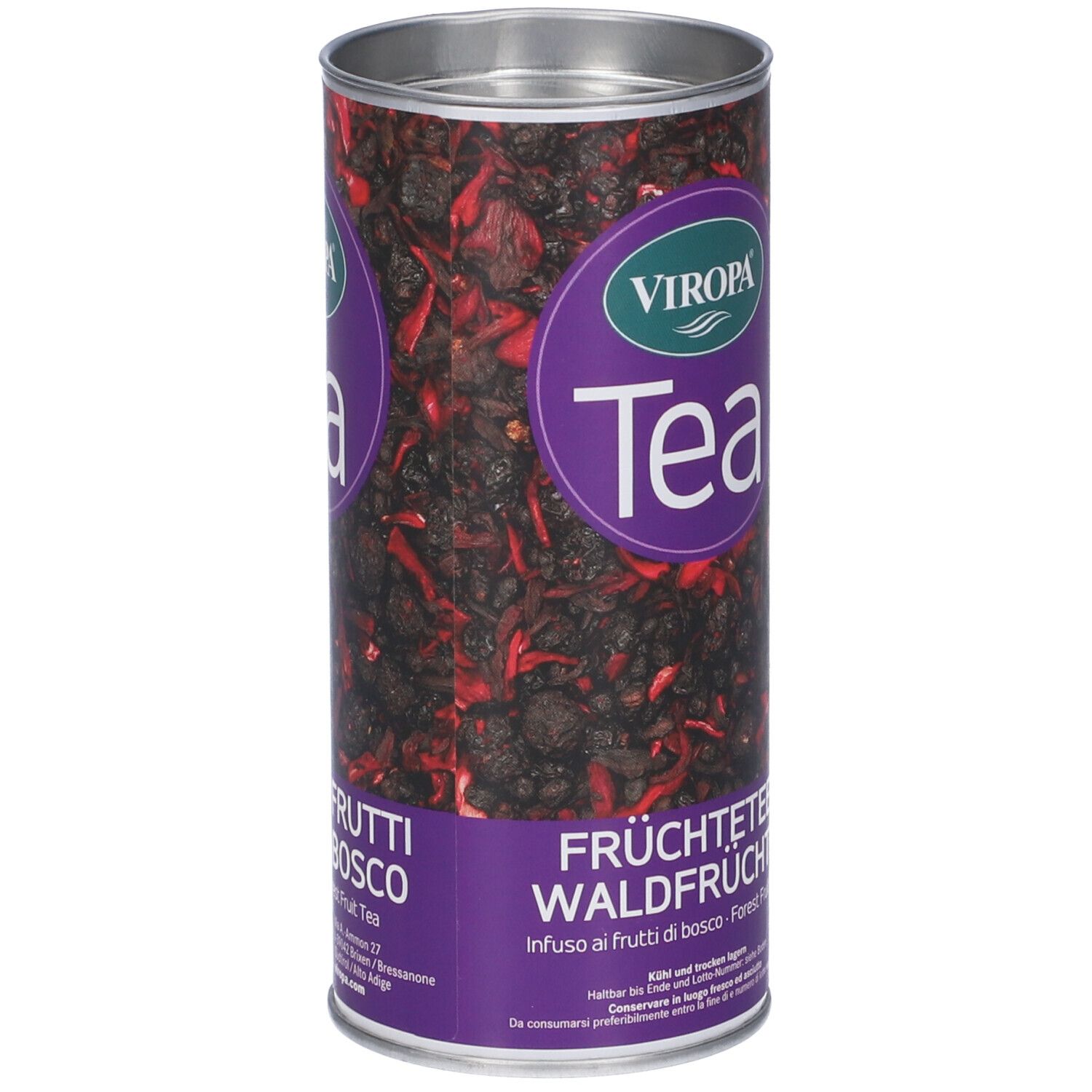 Latta cilindrica Viropa Tea. Scritta: Infuso ai Frutti di Bosco. Contenuto: frutta secca. Colori viola e argento.
