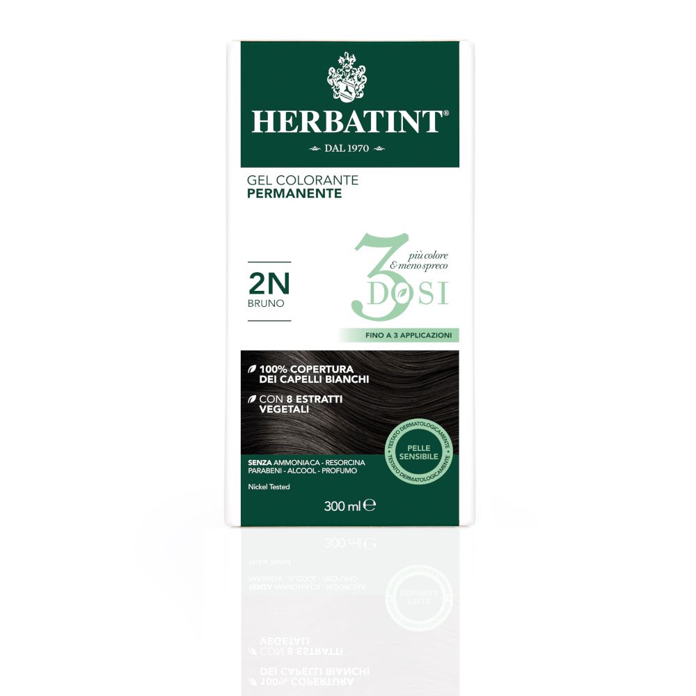 Confezione prodotto. Scritte: Herbatint, 2N, 3 Dosi, Gel colorante permanente, 300 ml. Fino a 3 applicazioni. Pelle sensibile.