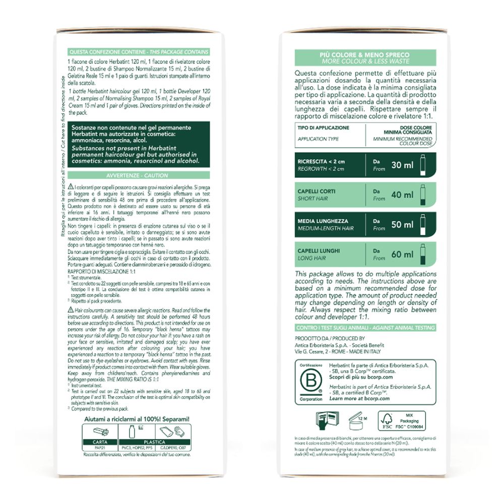 Retro della scatola di tinta per capelli HERBATINT® 3 5D. Contiene informazioni sull'uso e sugli ingredienti.