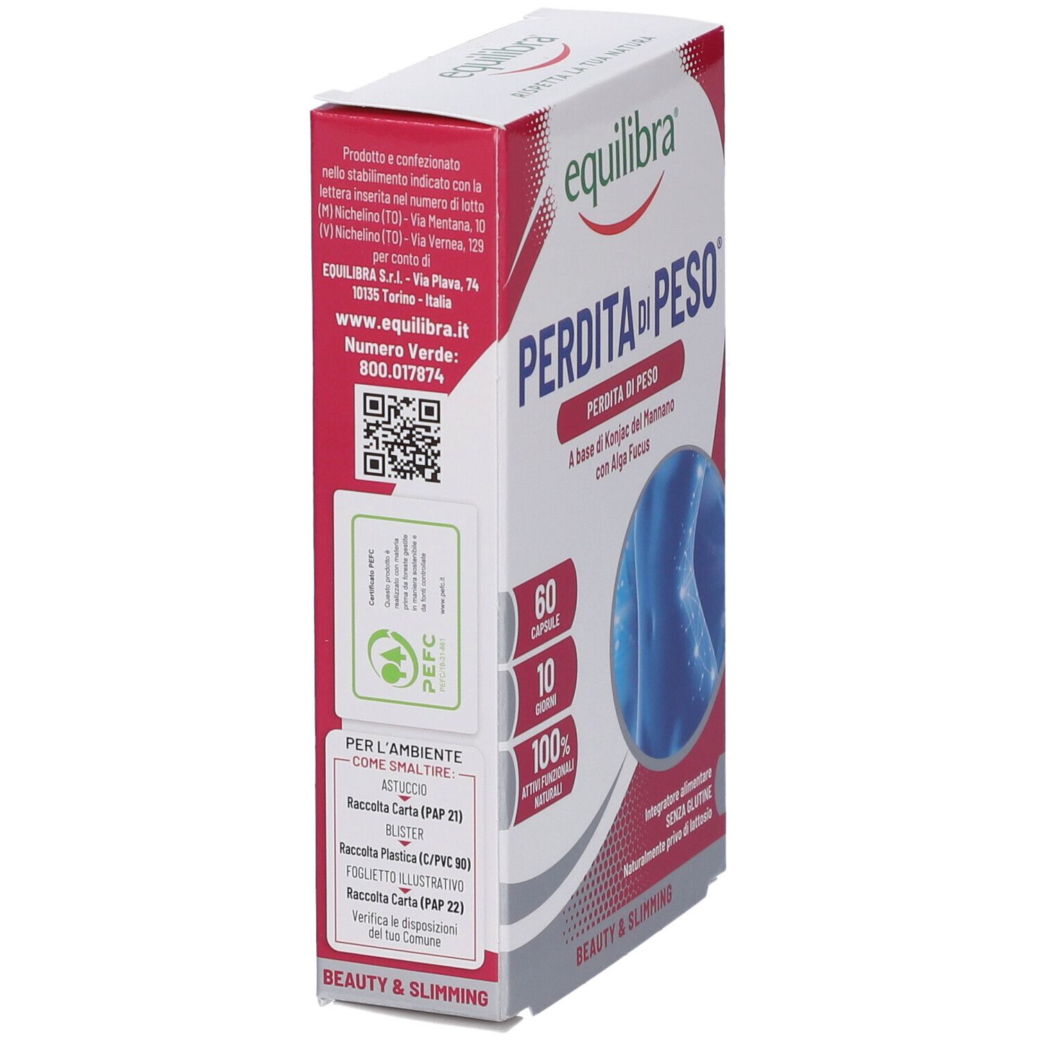 Confezione Equilibra® Perdita di Peso. Vista laterale. Contiene 60 capsule. Testo: Perdita di Peso, 100% ingredienti naturali, senza glutine, senza lattosio.
