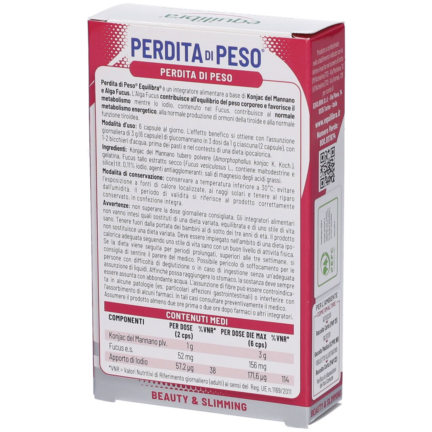 Retro della confezione Equilibra® Perdita di Peso. Contiene informazioni sugli ingredienti e i valori nutrizionali. Testo: Perdita di Peso, senza glutine, senza lattosio.