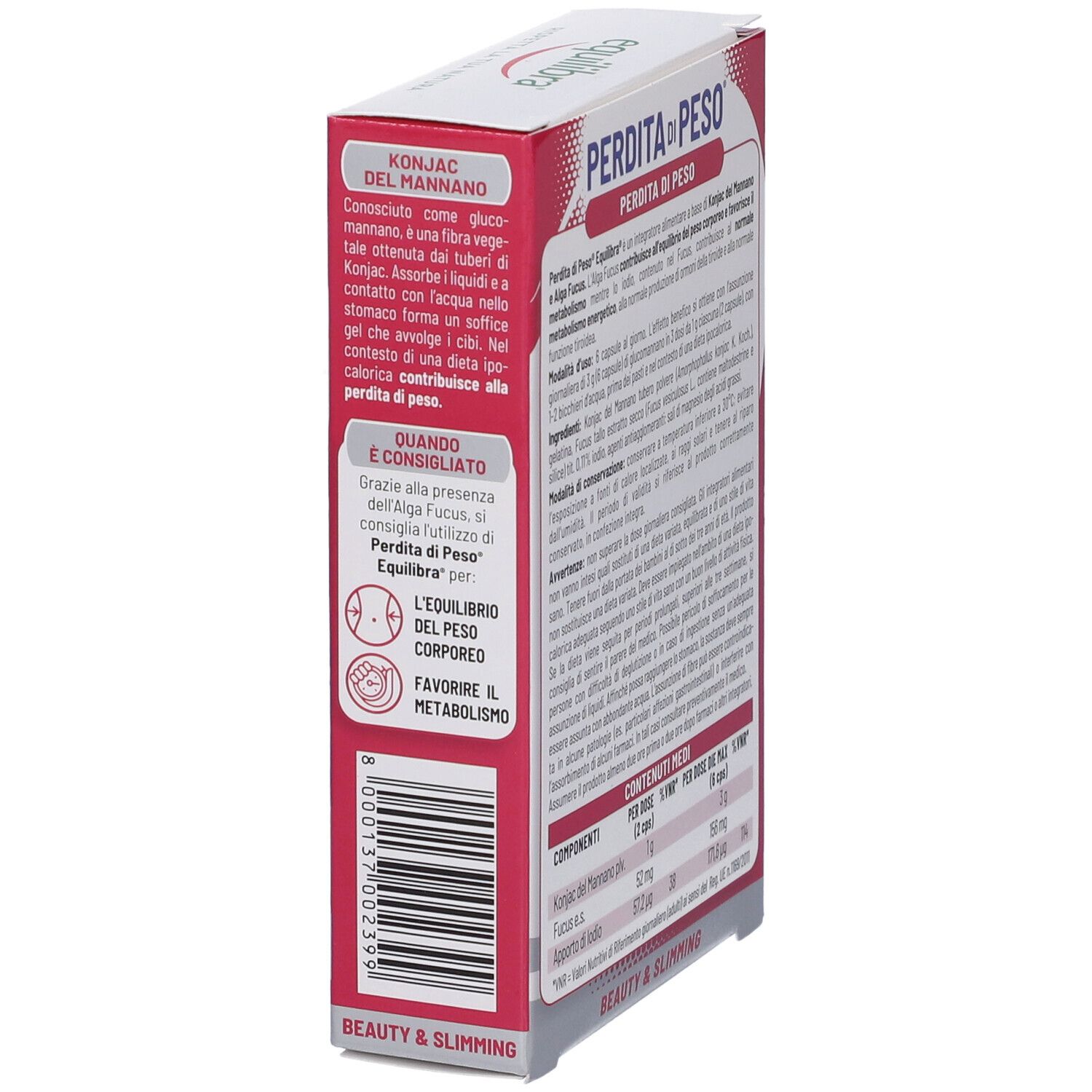Vista laterale della confezione Equilibra® Perdita di Peso. Testo: Konjac del Mannano, per il metabolismo. Testo: Perdita di Peso, Beauty & Slimming.