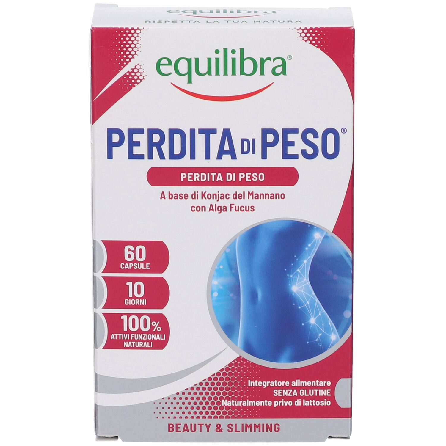 Confezione Equilibra® Perdita di Peso. Contiene 60 capsule. Testo: Perdita di Peso, 100% ingredienti naturali, senza glutine, senza lattosio.