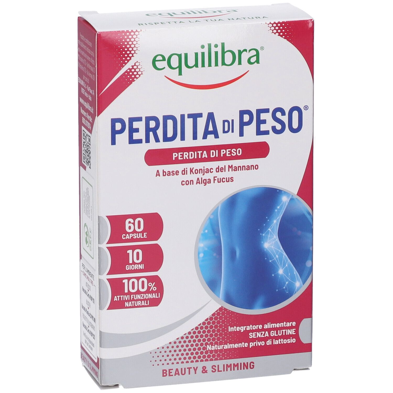 Confezione Equilibra® Perdita di Peso. Contiene 60 capsule. Testo: Perdita di Peso, 100% ingredienti naturali, senza glutine, senza lattosio.