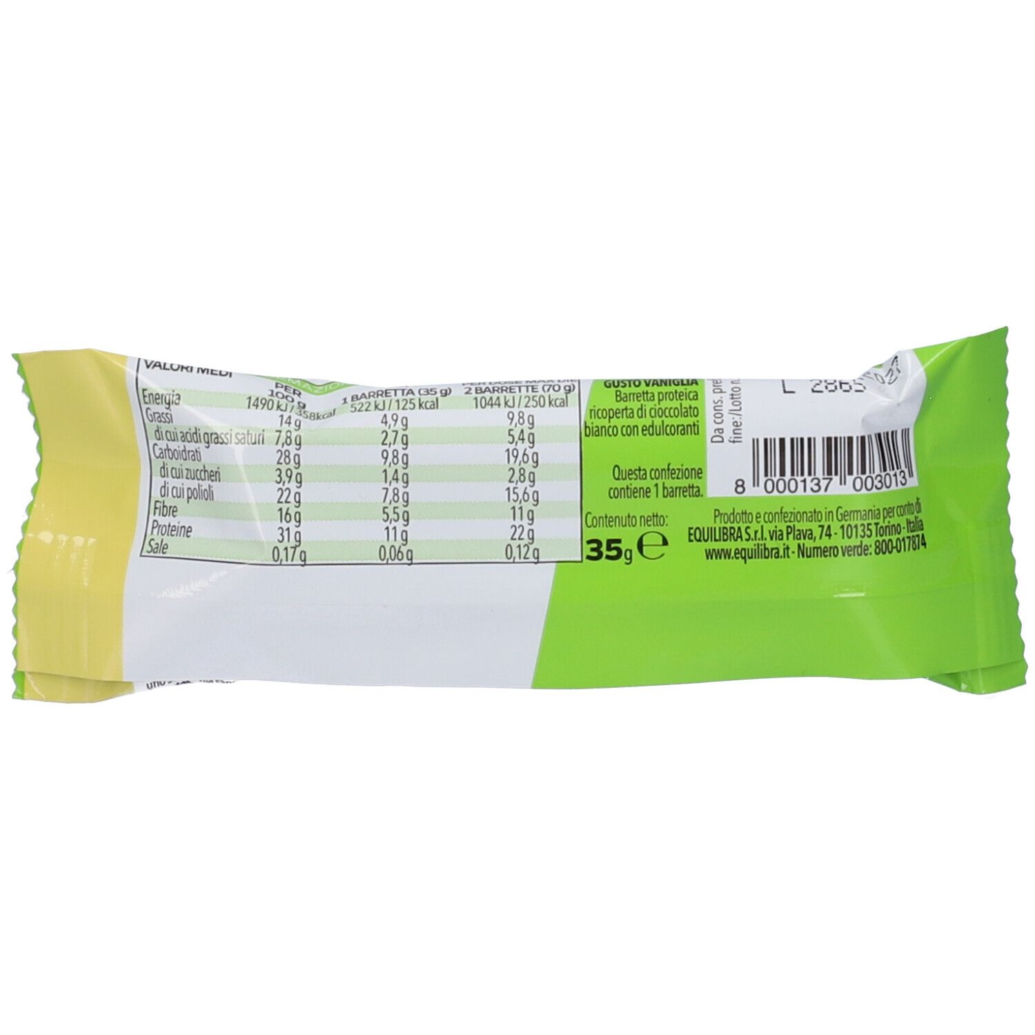 Retro della confezione della barretta proteica. Contiene informazioni nutrizionali e testo. Testo: Equilibra, 35g.