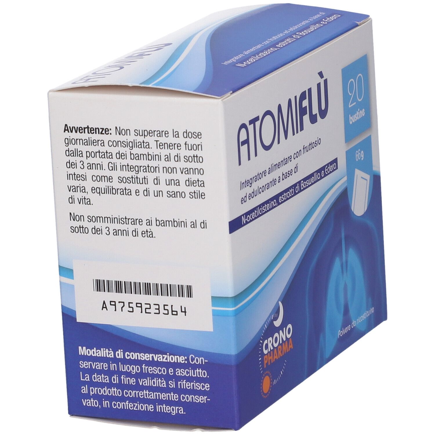 Retro della confezione Atomiflu' 20 Bustine. Contiene avvertenze e numero di lotto. Marchio Crono Pharma.