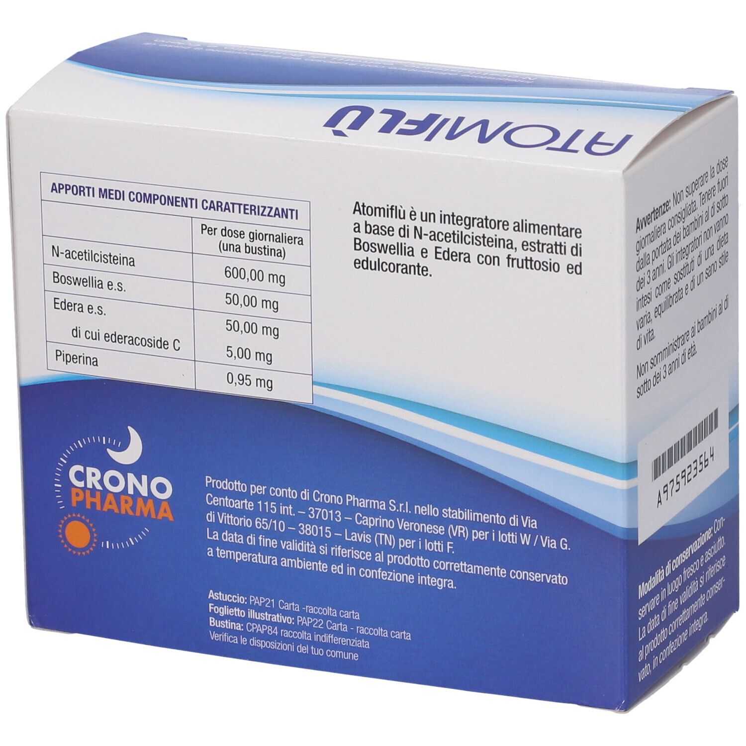 Confezione Atomiflu' 20 Bustine. Contiene informazioni nutrizionali. Marchio Crono Pharma. Confezione blu e bianca.