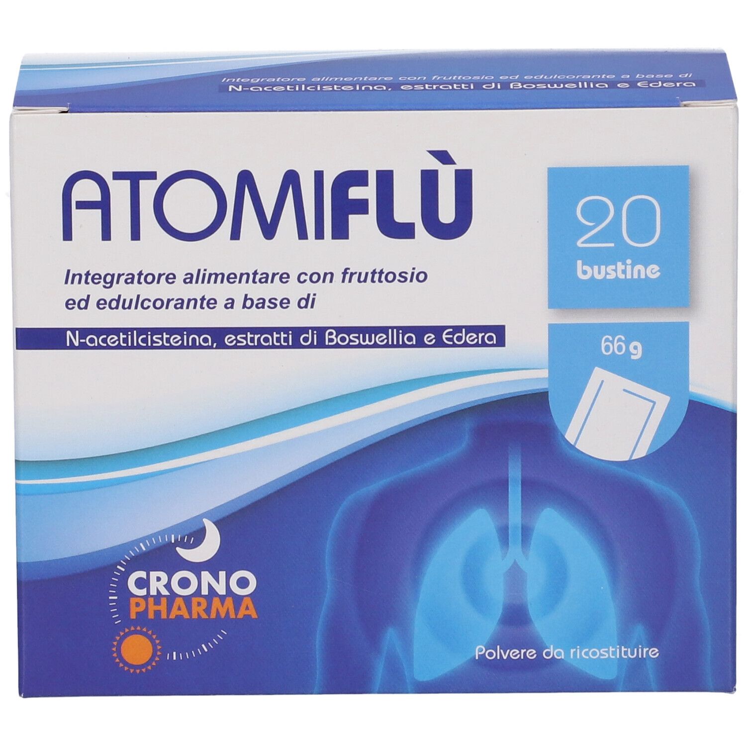 Confezione di Atomiflu' 20 Bustine. Contiene 20 bustine. Marchio Crono Pharma. Confezione blu e bianca con nome e ingredienti.