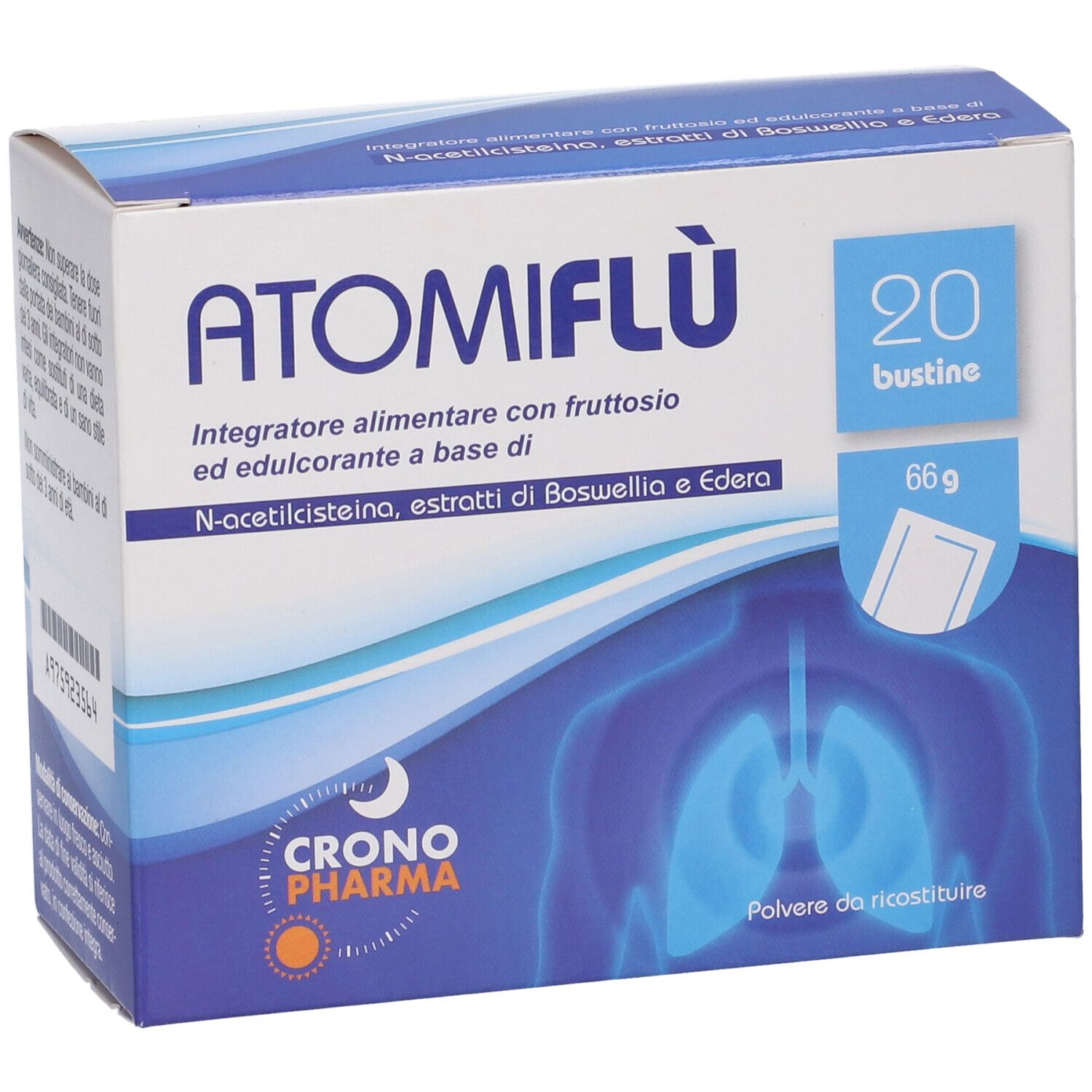 Confezione di Atomiflu' 20 Bustine. Contiene 20 bustine. Marchio Crono Pharma. Confezione blu e bianca con nome e ingredienti.