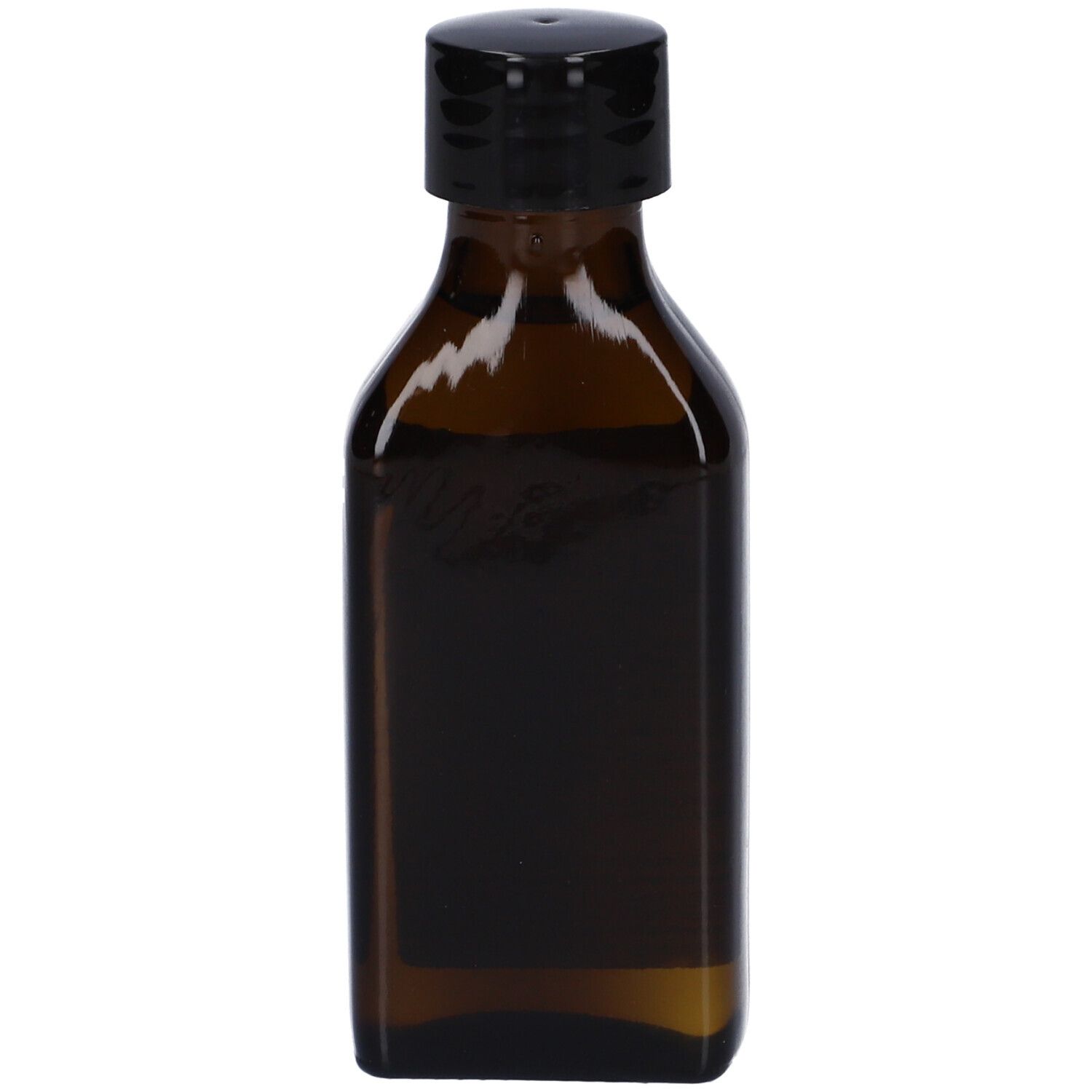 Flacone di vetro marrone rettangolare con tappo nero.
