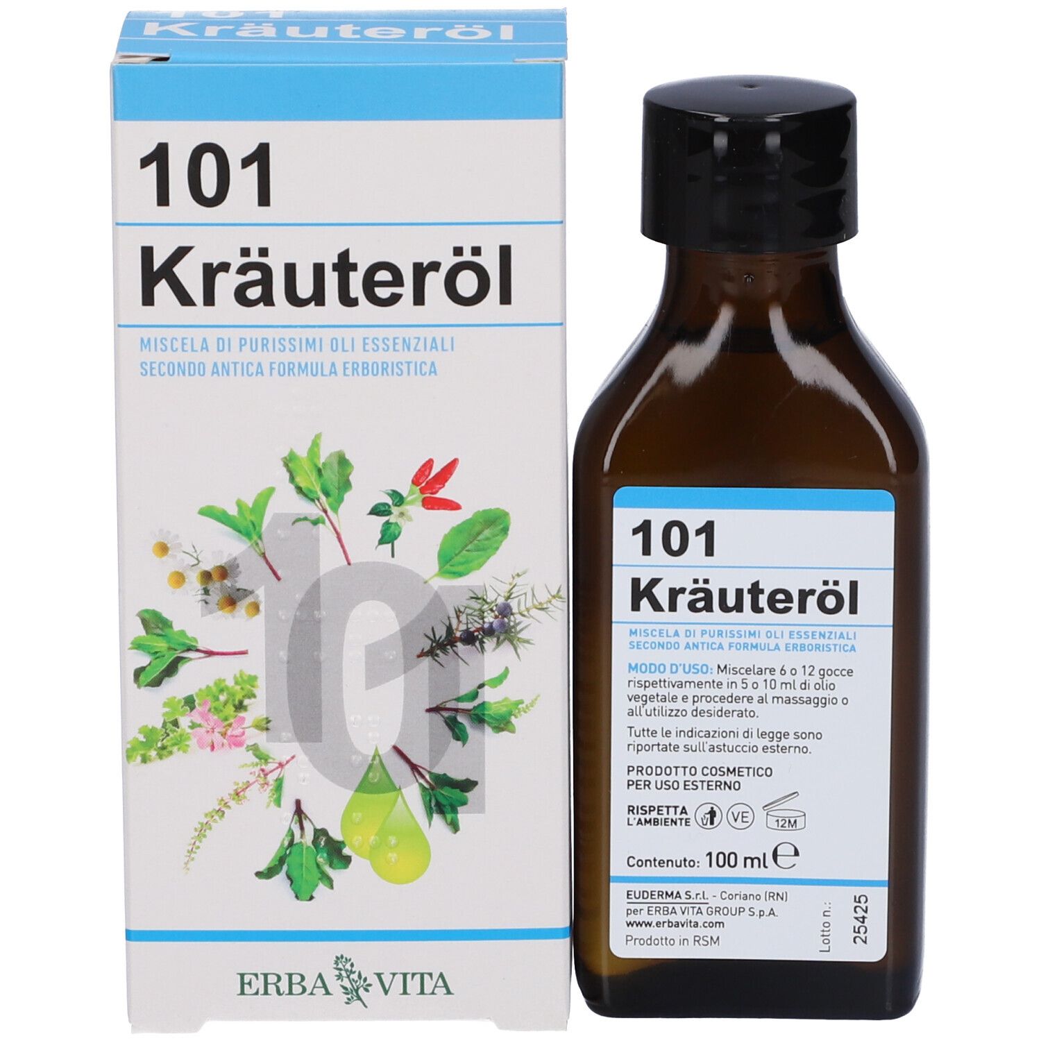 Flacone e confezione. Flacone con etichetta, confezione con nome del prodotto e illustrazioni di erbe.