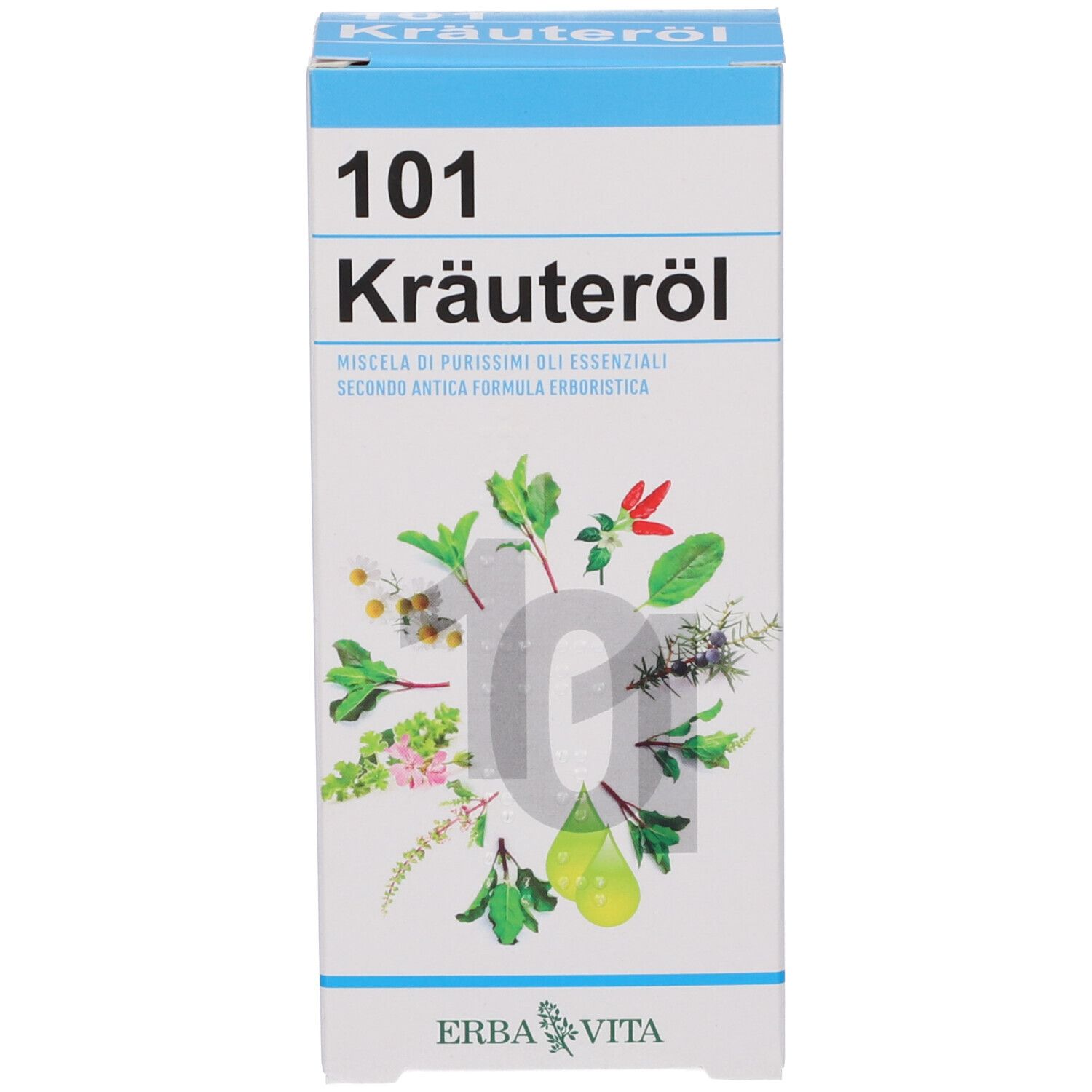 Confezione del prodotto con nome del prodotto, illustrazioni di erbe e logo del marchio.