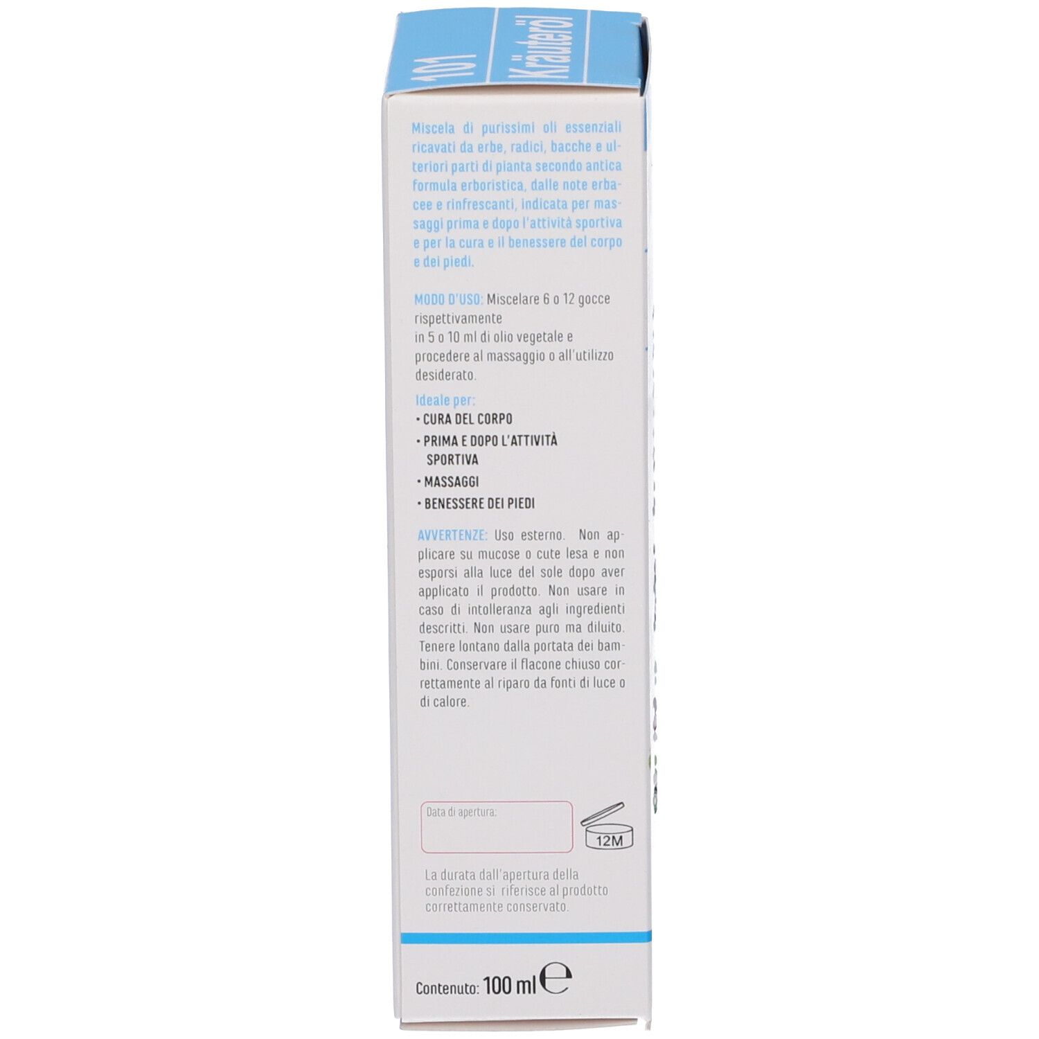 Confezione del prodotto, vista laterale. Testo con istruzioni per l'uso e informazioni sugli ingredienti.