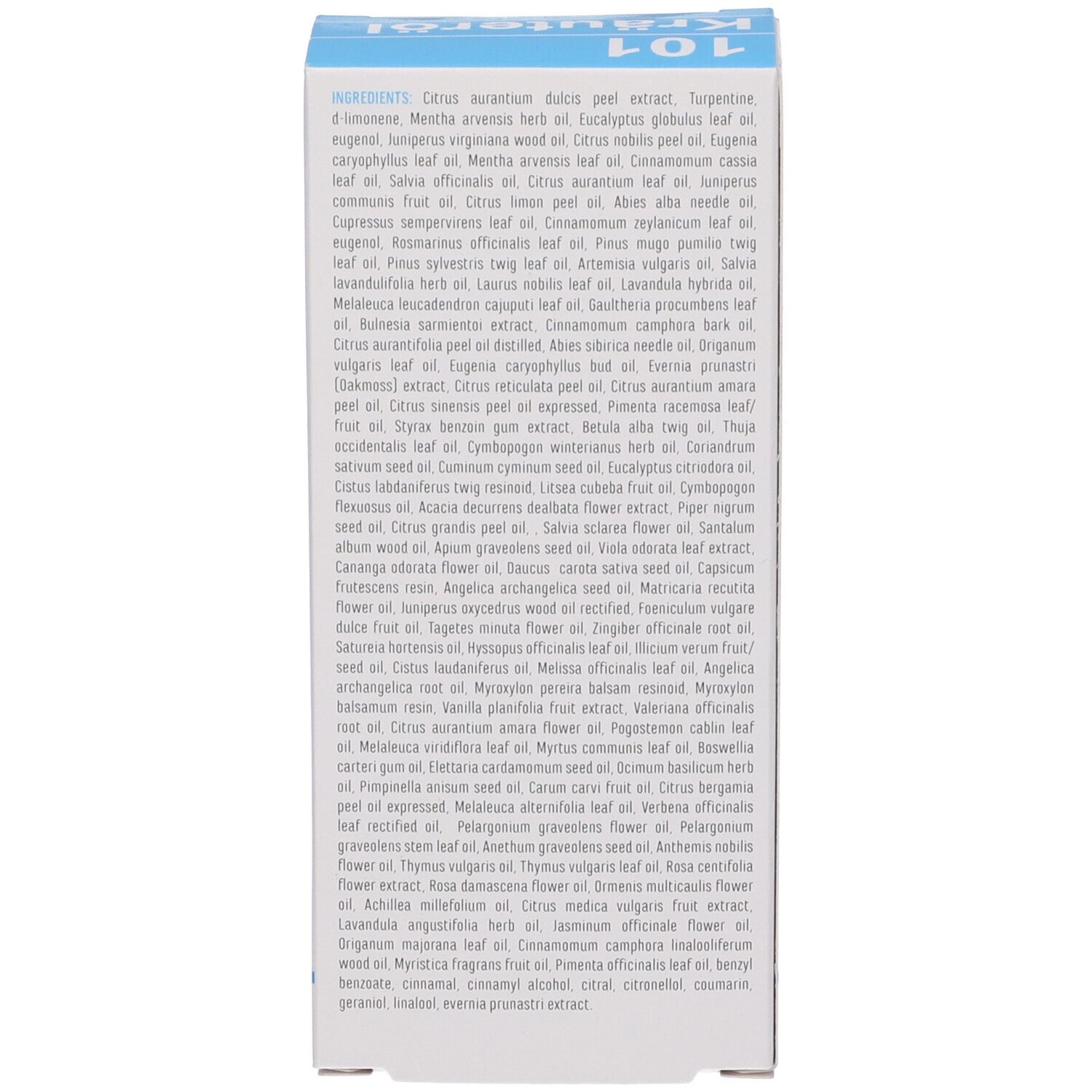 Confezione del prodotto, retro. Elenco degli ingredienti in inglese.