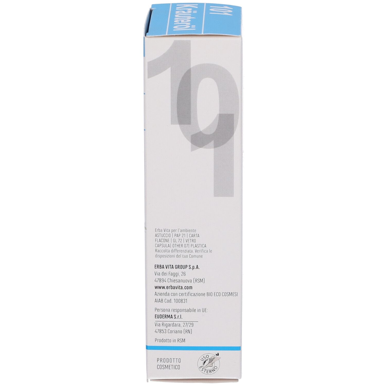 Confezione del prodotto, vista laterale. Informazioni sul produttore e loghi.